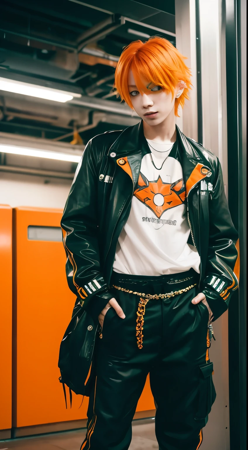 Men's Underground Idol、Orange Hair、Member color: Orange、Green Gradient、make、Visual Kei、cyber punk、boy、juvenile