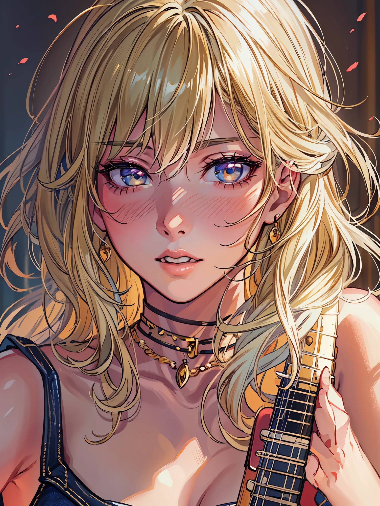 (highest quality,4K,8K,High resolution,table top:1.2), Super detailed, (realistic,photorealistic,photo-realistic:1.37), ((full body)),((slender body)),((one 23 years old woman)),((cool beauty)),((rage eyes)),((Unfortunate)),((blonde hair)), ((long hair)),black camisole, damaged denim jeans,necklace,((playing-the-guitar)),((sing-a-song)),beautiful and detailed eyes, beautiful detailed lips, highly detailed eyes and face, long eyelashes, realistic anime 3D style, Smooth anime CG art, Digital Moe anime art style, photorealistic rendering of an anime girl, realistic young anime girl, girl fan art, Created by Anime Artist.