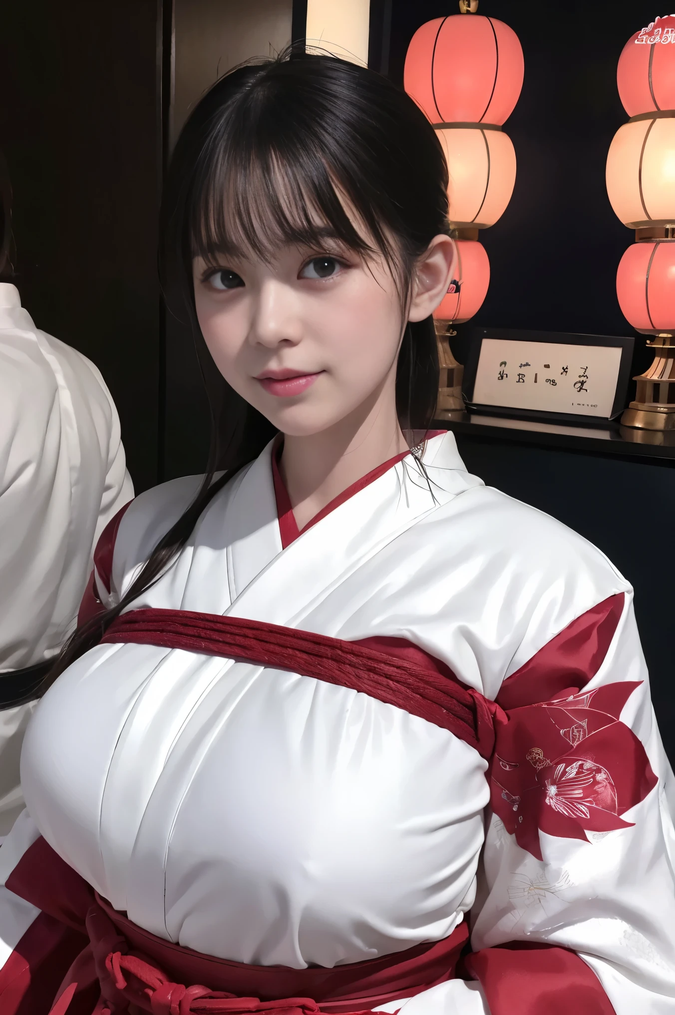 （ultra best quality、in 8K、masuter piece、delicate illustration）、Beautiful Japan Priestess（Soft smile）、（Plump Body 1.1）、（（White kimono and red hakama）1.1）、Japanese shrines crowded with people during the New Year、Wink at the viewer、