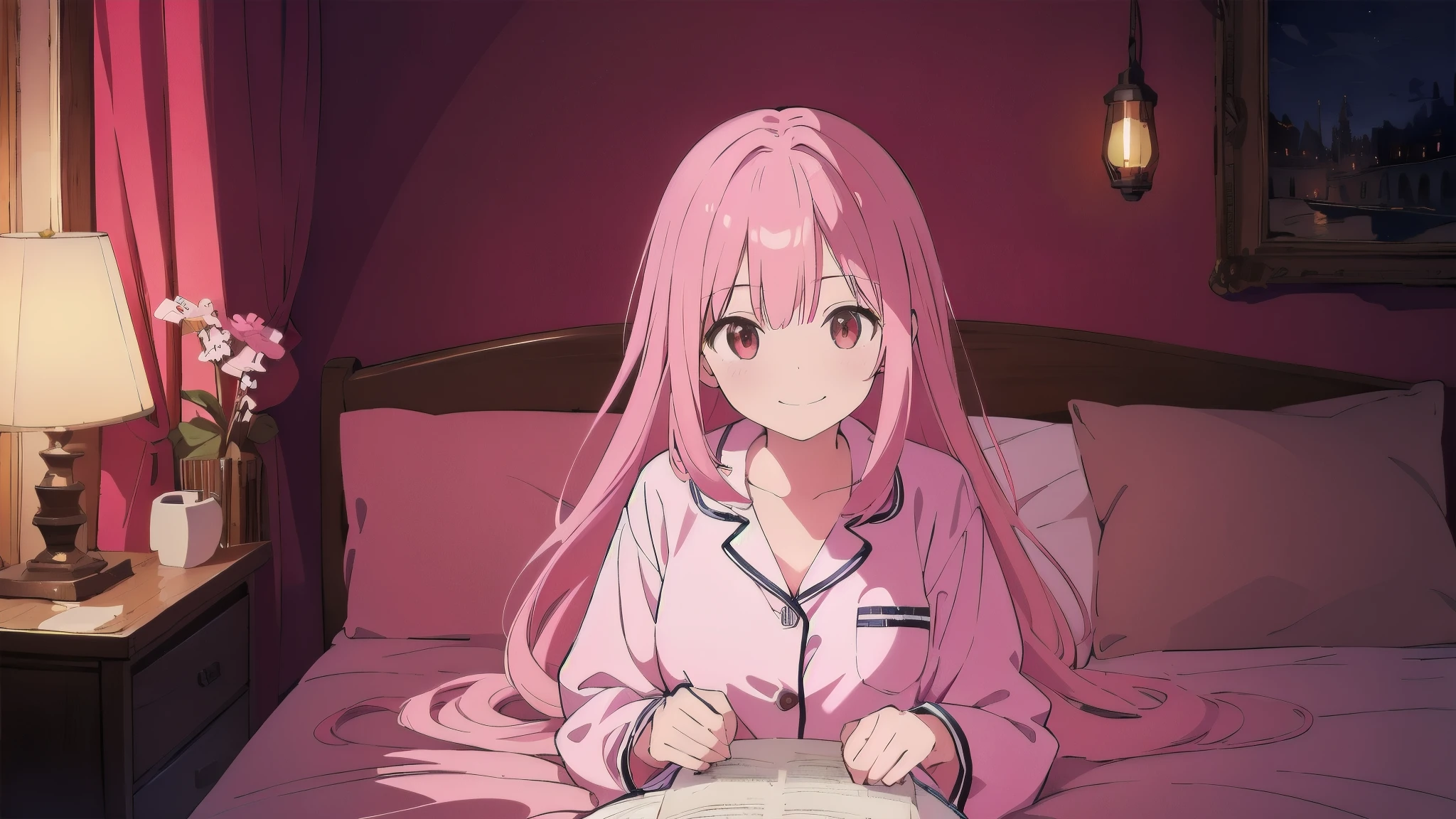 Very detailed, Detailed Background, (highest quality, masterpiece, High resolution), One girl, smile, Mid-chest, Pink Hair, Upper Body, pajamas, long hair、 night、 Dimly lit room