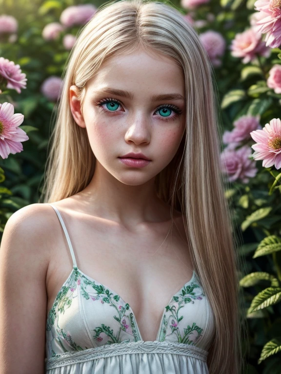 (Best quality,4K,a high resolution,masterpiece:1.2),ultra detailed,(realistic:1.37),beautiful detailed eyes,beautiful detailed lips,extremely detailed eyes and face,long eyelashes,Lonely albino girl with heterochromia,green eyes Slytherin style,white eyes,Girl in floral dress,A girl stands in a blooming garden with bright flowers,soft sunlight 