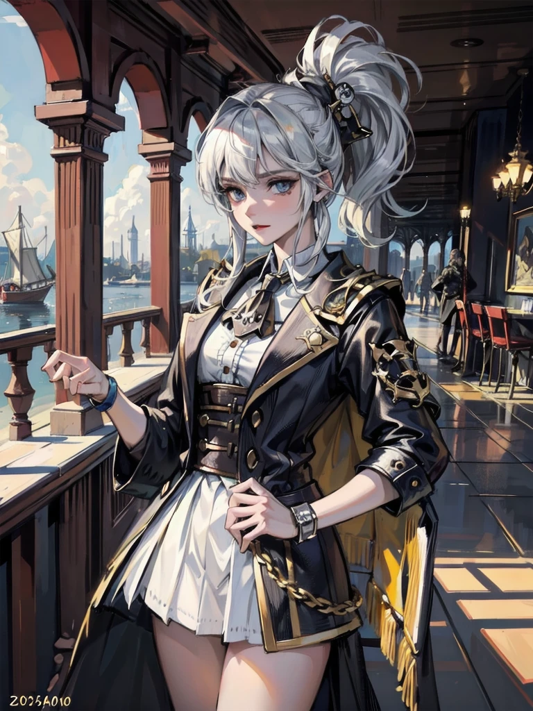 absurdres, RAW photo, extremely delicate and beautiful, masterpiece, Best Quality, ultra high resolution, 32k, hyperrealistic, ultra-detailed, perfect figure, detailed description, pale skin, 20 years old, detailed beautiful face and eyes, tearful mole, earring, short medium hair, wavy hair, full body, a heavily armored pirate, pirate captain, detailed metal armor, intricate pirate clothing, bold colors, highly detailed metal textures,