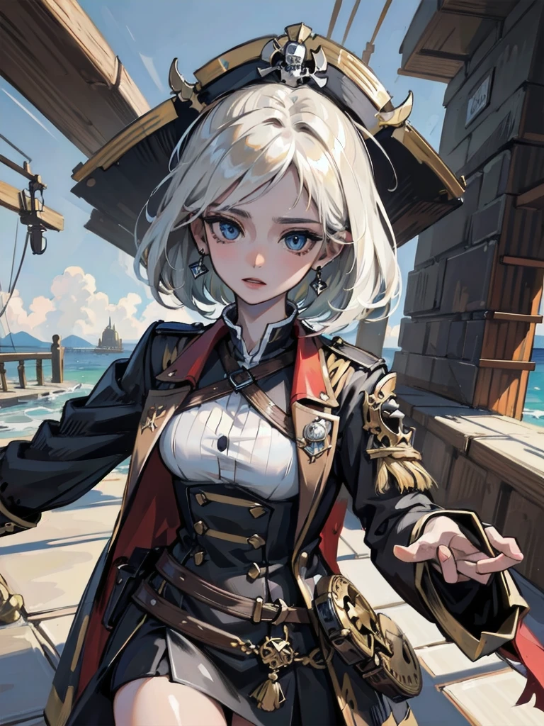 absurdres, RAW photo, extremely delicate and beautiful, masterpiece, Best Quality, ultra high resolution, 32k, hyperrealistic, ultra-detailed, perfect figure, detailed description, pale skin, 20 years old, detailed beautiful face and eyes, tearful mole, earring, short medium hair, wavy hair, full body, a heavily armored pirate, pirate captain, detailed metal armor, intricate pirate clothing, bold colors, highly detailed metal textures,