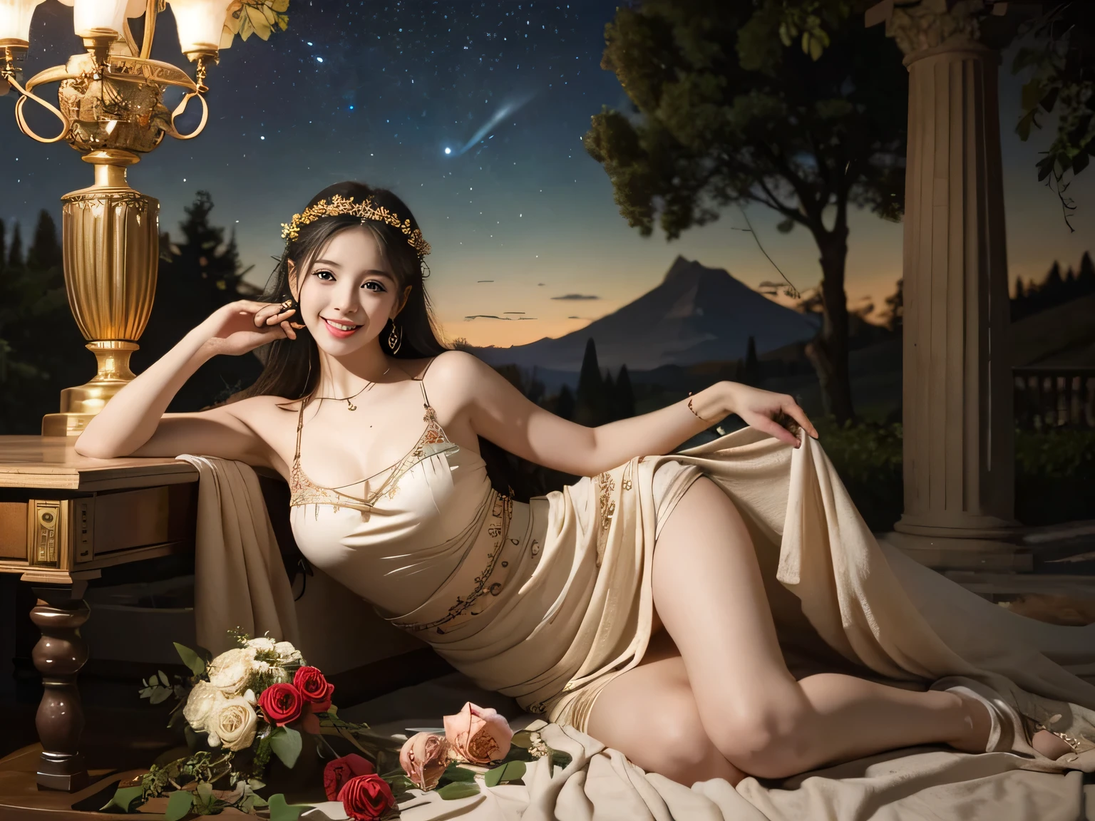Giorgione painting style,Arguments of two female Philosophe,math、astronomical machine、astronaut、roses in vase、fruits、Cute trinkets、smile、ancient greek costume、Background is a forest lake at night 、Clothes that stretch your shoulders、A big smile、beautiful bare skin、A detailed representation of the seducing woman throughout her body.