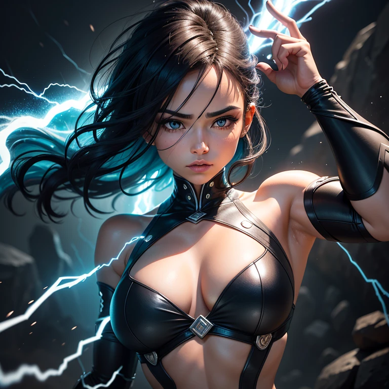 mente, This description creates an image of a character with a unique and powerful appearance. Sua pele de pedra e seu cabelo prateado criam um contraste intenso, while your bright eyes and the electric light coursing through your body add energy and power to your appearance.
