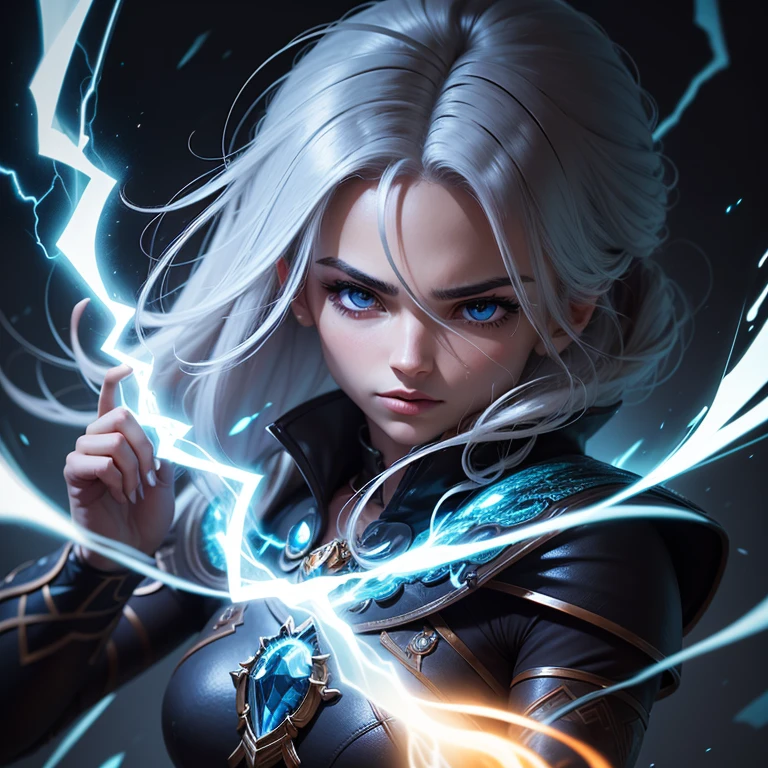 mente, This description creates an image of a character with a unique and powerful appearance. Sua pele de pedra e seu cabelo prateado criam um contraste intenso, while your bright eyes and the electric light coursing through your body add energy and power to your appearance.