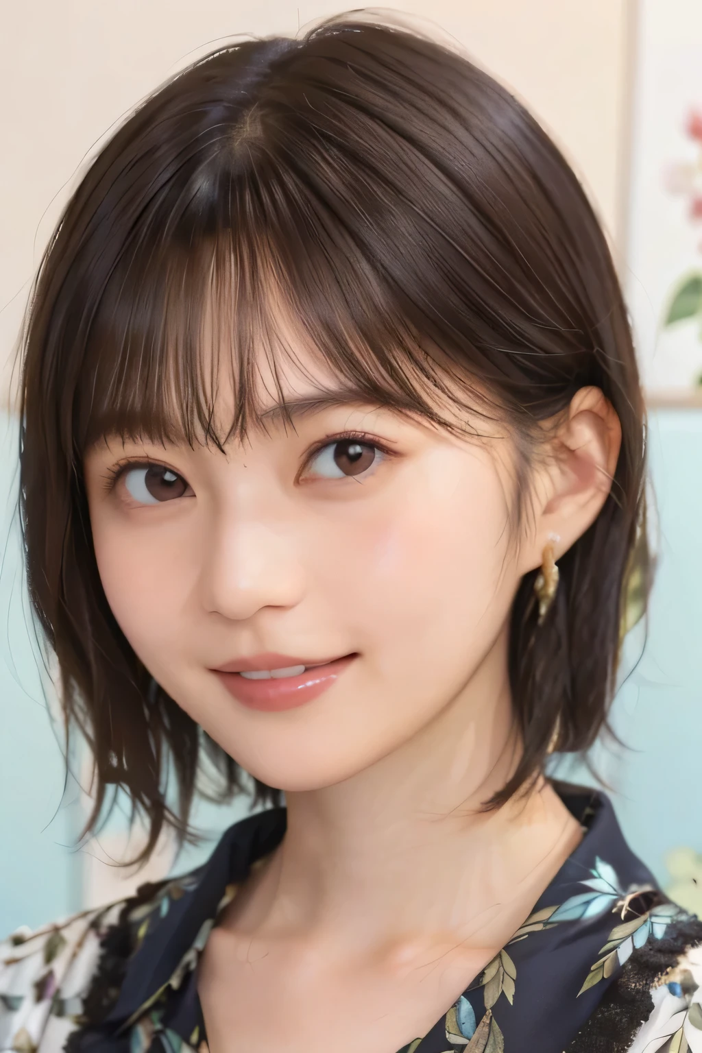 205 ((short hair)), 20 year old female, surrealism, Floral smile、Beautiful teeth alignment、Brown Hair首にネックレス、Ear piercing、Dark brown hair