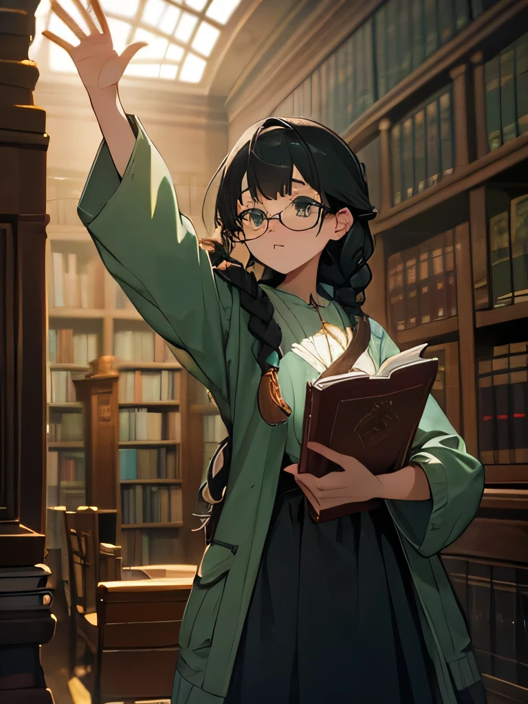 library,Glasses,Braid,Black Hair,Green,Reach up with one hand and pick up a book