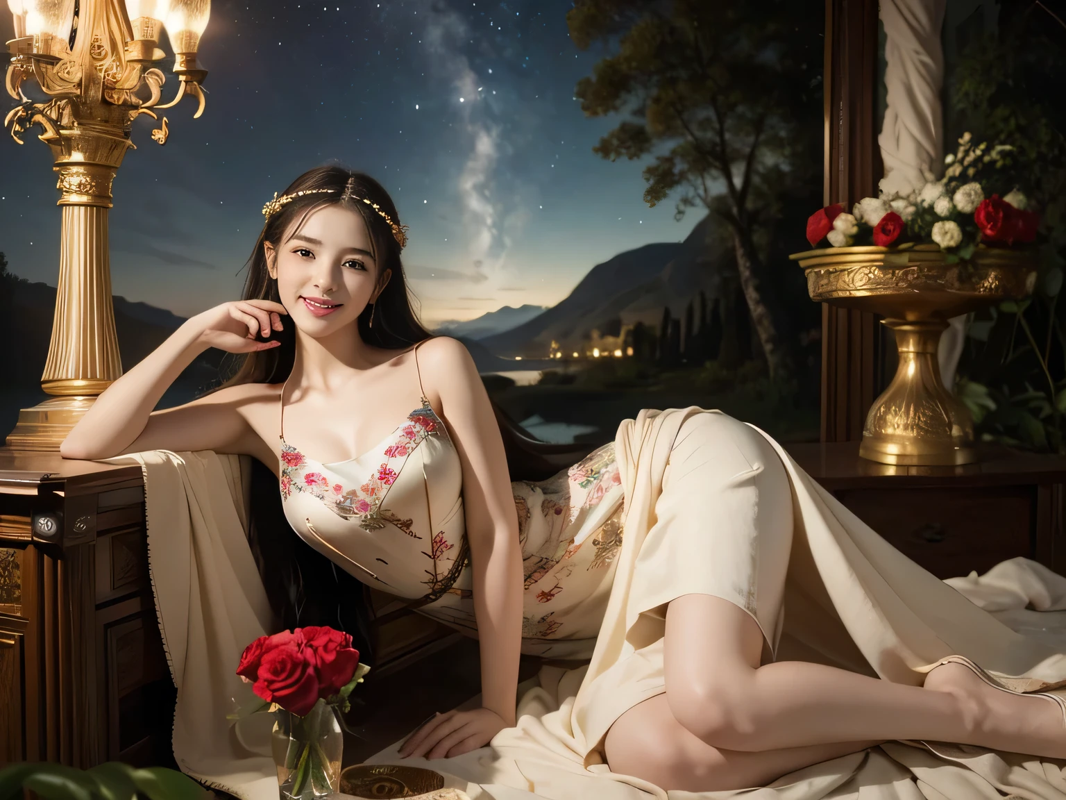 Giorgione painting style,Arguments of two female Philosophe,math、astronomical machine、astronaut、roses in vase、fruits、Cute trinkets、smile、ancient greek costume、Background is a forest lake at night 、Clothes that stretch your shoulders、A big smile、beautiful bare skin、A detailed representation of the seducing woman throughout her body.