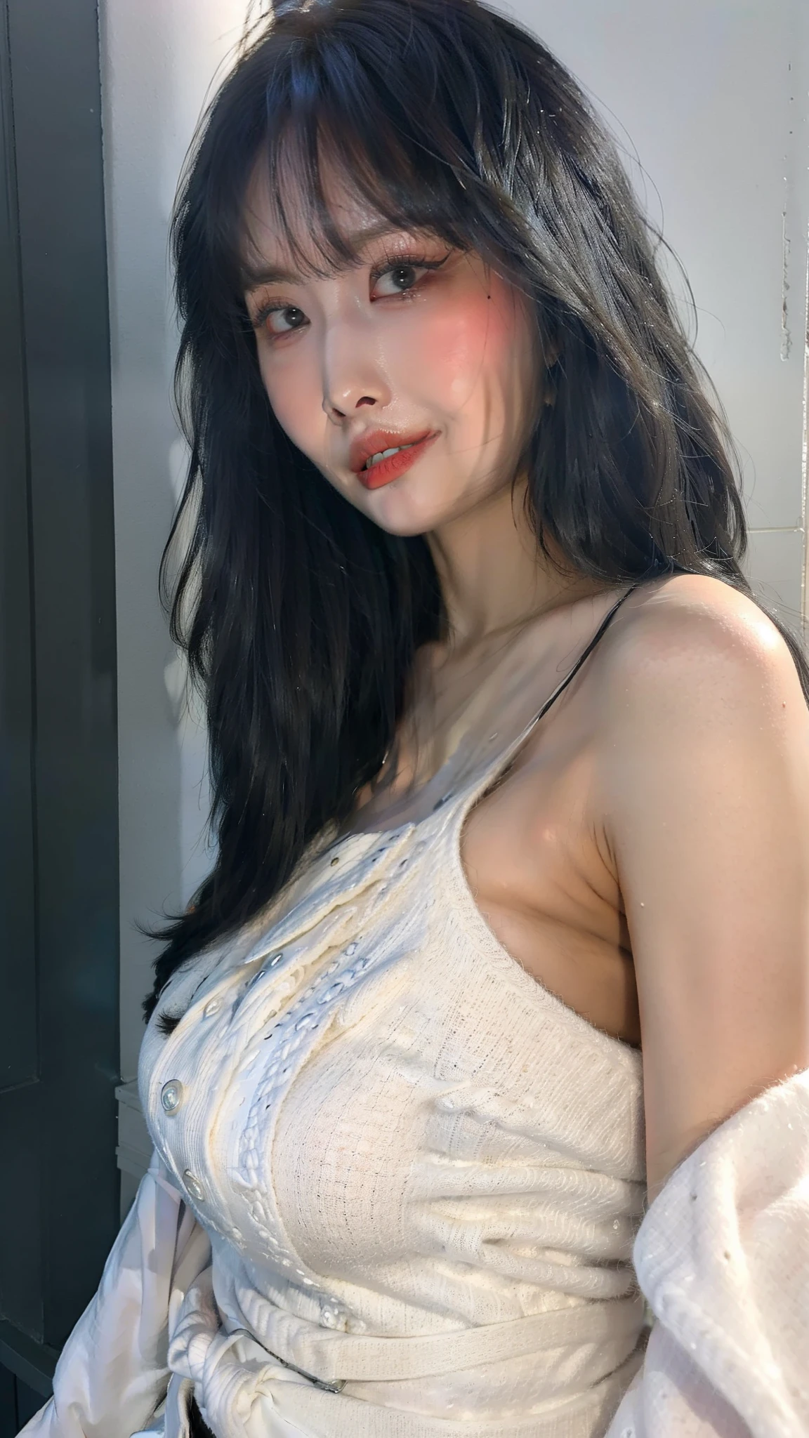 (masterpiece:1.2), hyper detail, best quality, (intricate_details:1.1), beautiful detailed, beautiful hair, solo,1girl,momo,blurry_background,large_breasts, white sleeveless sweater dress, frilled_collar, black_robe,robe half off shoulder,shoulder,upper body,(sideboobs),hand holding coat, sweating,heavy breathing,steam,blush,open robe,greasy shoulder,half-closed eyes,from below,looking down,flipped hair,armpit,greasy armpit,from side, shoulder focus,wet clothes,blu