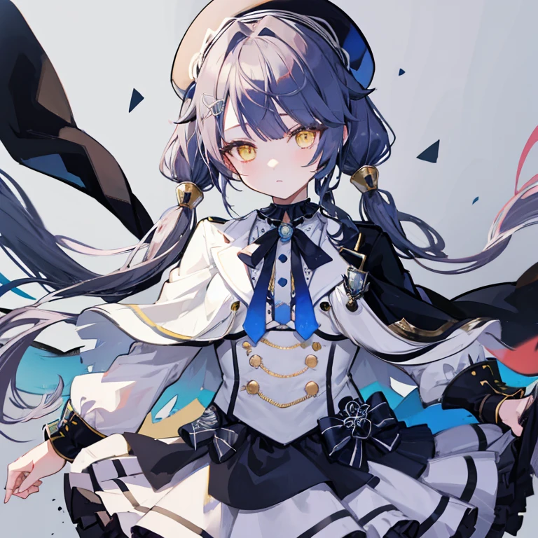 Black beret　Black eye patch　Half Twin Tail　Silver Hair　Yellow Eyes　White dress shirt　Black Skirt　Black Cape　Upper Body　１People Girl　