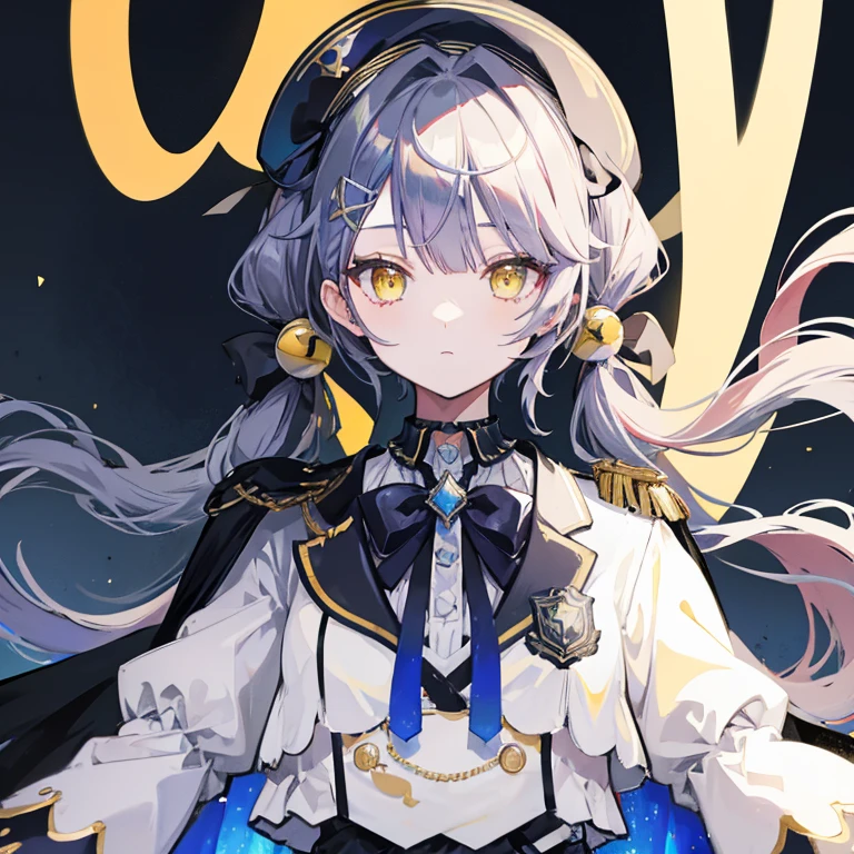 Black beret Black eye patch Half Twin Tail Silver Hair Yellow Eyes White dress shirt Black Skirt Black Cape Upper Body 1People Girl