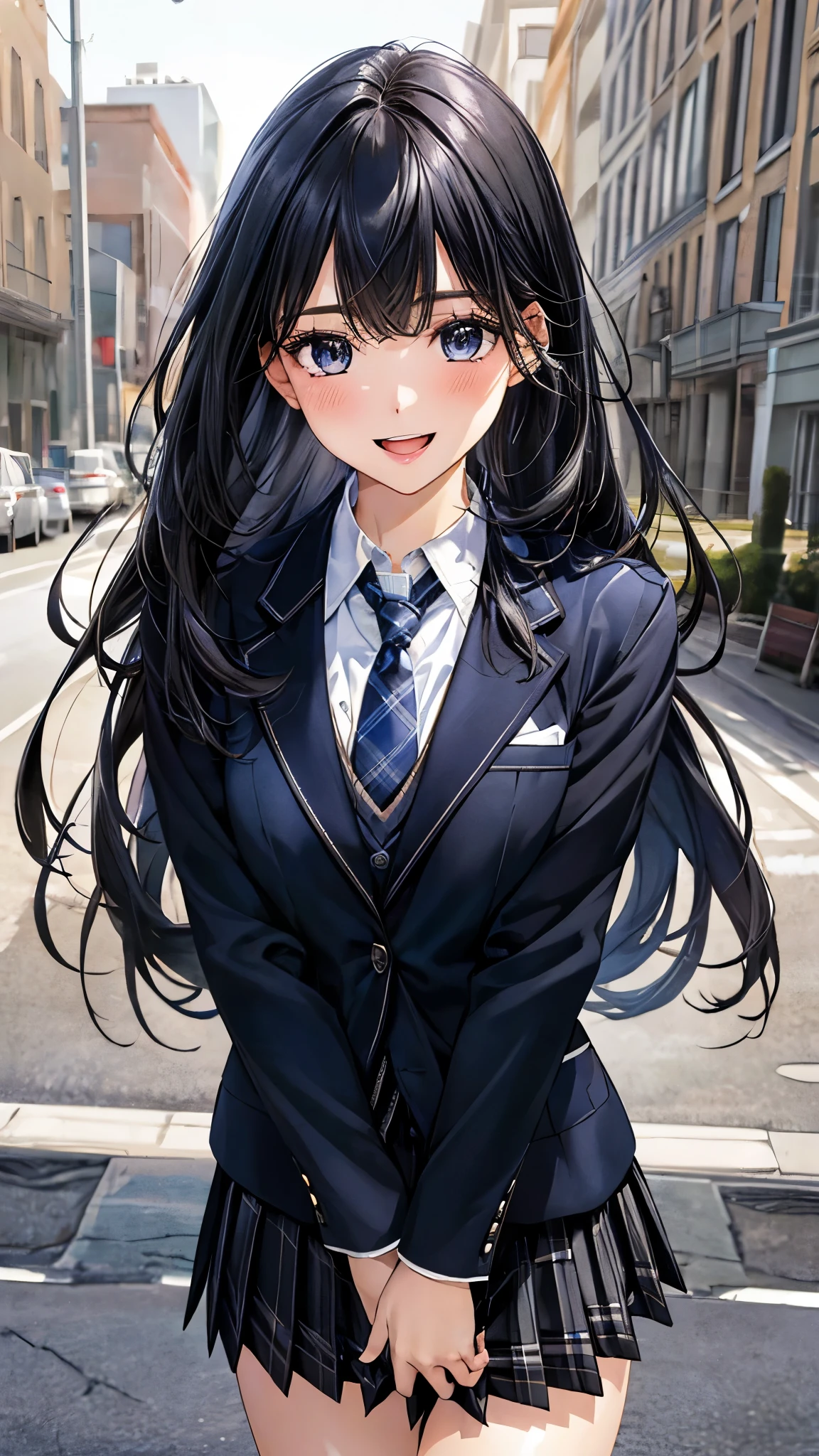 (masterpiece:1.3, top-quality, ultra high res, ultra detailed), (realistic, photorealistic:1.4), beautiful illustration, perfect lighting, natural lighting, colorful, depth of fields, ,
beautiful detailed hair, beautiful detailed face, beautiful detailed eyes, beautiful clavicle, beautiful body, beautiful chest, beautiful thigh, beautiful legs, beautiful fingers, shiny skin, face,
looking at viewer, (face focus), 1 girl, high school girl, (perfect anatomy, anatomically correct, super detailed skin), cute and symmetrical face, perfect face, perfect eyes,
(long hair, straight hair, navy hair), swept bangs, blue eyes, long eyelashes, (small breasts), slender, outstanding style, ,
(detailed cloth texture), break, ((black blazer, black over plaid pleated skirt)), break, (blue grey cardigan, blue tie), break, (white collared shirt), break,
(beautiful scenery), spring\(season\), late afternoon, (cityscape), walking, (smile, open mouth small),