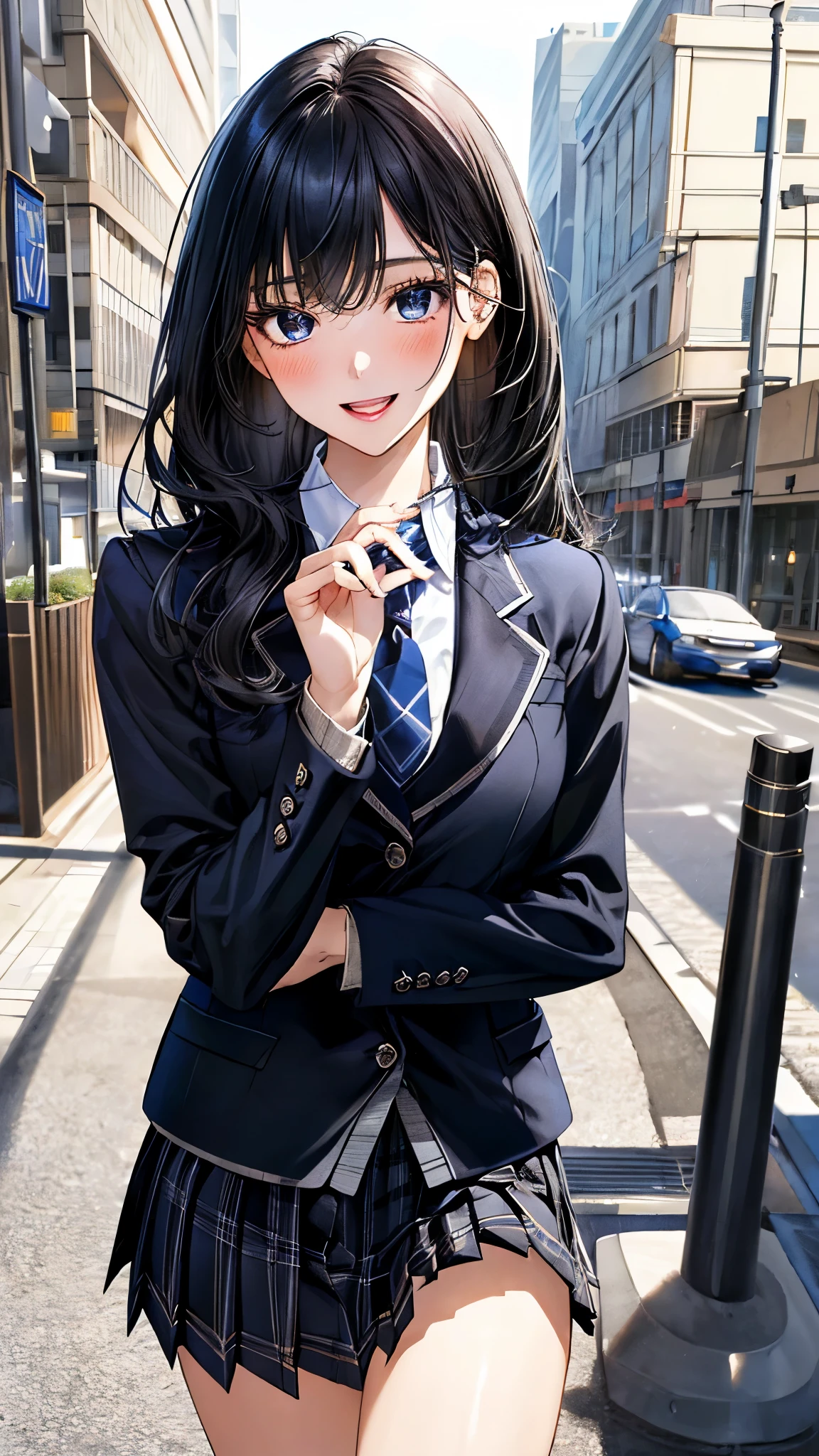 (masterpiece:1.3, top-quality, ultra high res, ultra detailed), (realistic, photorealistic:1.4), beautiful illustration, perfect lighting, natural lighting, colorful, depth of fields, , 
beautiful detailed hair, beautiful detailed face, beautiful detailed eyes, beautiful clavicle, beautiful body, beautiful chest, beautiful thigh, beautiful legs, beautiful fingers, shiny skin, face, 
looking at viewer, (face focus), 1 girl, high school girl, (perfect anatomy, anatomically correct, super detailed skin), cute and symmetrical face, perfect face, perfect eyes, 
(long hair, straight hair, navy hair), swept bangs, blue eyes, long eyelashes, (small breasts), slender, outstanding style, , 
(detailed cloth texture), break, ((black  blazer, black over plaid pleated skirt)), break, (blue grey cardigan, blue tie), break, (white collared shirt), break, 
(beautiful scenery), spring\(season\), late afternoon, (cityscape), walking, (smile, open mouth small), 