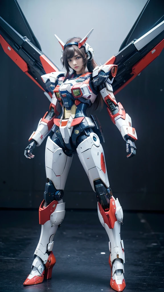 Textured skin, Super Detail, high details, High quality, Best Quality, hight resolution, 1080p, hard disk, Robot Girl,(Gundam Girl),beautiful cyborg woman,Mecha Cyborg Girl,Battle Mode,Girl with a Mecha Body,She wears a futuristic Gundam mecha,Fulll body Shot,Mobile Suit Girl