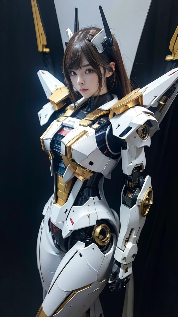 Textured skin, Super Detail, high details, High quality, Best Quality, hight resolution, 1080p, hard disk, Robot Girl,(Gundam Girl),beautiful cyborg woman,Mecha Cyborg Girl,Battle Mode,Girl with a Mecha Body,She wears a futuristic Gundam mecha,Fulll body Shot,Mobile Suit Girl