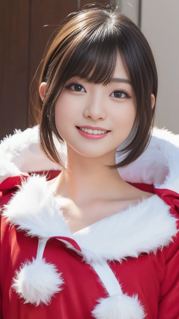 Cute 21 years old Japan、Christmas、A smile、Super Detail Face、Eye of Detail、二重まぶた、beautiful thin nose、foco nítido:1.2、prety woman:1.4、(light brown hair,short cut hair, top-quality、发光、​masterpiece、超A high resolution、(Photorealsitic:1.4)、Red Santa Claus clothes、Santa Claus Cosplay、