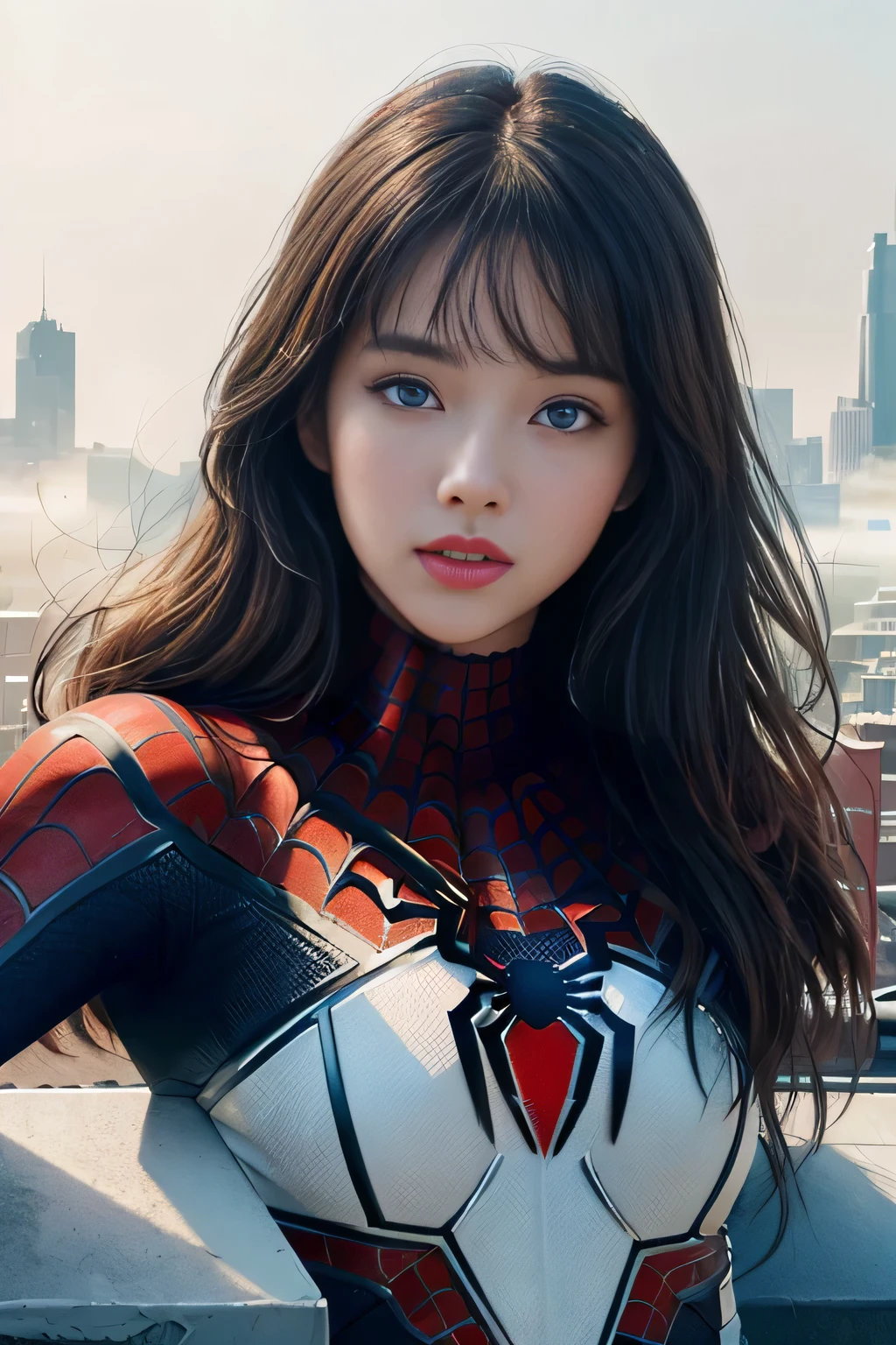 (1girl:1.3), Solo, (((Very detailed face)))), ((Very detailed eyes and face)))), Beautiful detail eyes, Body parts__, Official art, Unified 8k wallpaper, Super detailed, beautiful and beautiful, beautiful, masterpiece, best quality, original, masterpiece, super fine photo, best quality, super high resolution, realistic realism, sunlight, full body portrait, amazing beauty, dynamic pose, delicate face, vibrant eyes, (from the front), She wears Spider-Man suit, red and black color scheme, spider, very detailed city roof background, rooftop, overlooking the city, detailed face, detailed complex busy background, messy, gorgeous, milky white, highly detailed skin, realistic skin details, visible pores, clear focus, volumetric fog, 8k uhd, DSLR, high quality, film grain, fair skin, photo realism, lomography, futuristic dystopian megalopolis, translucent
