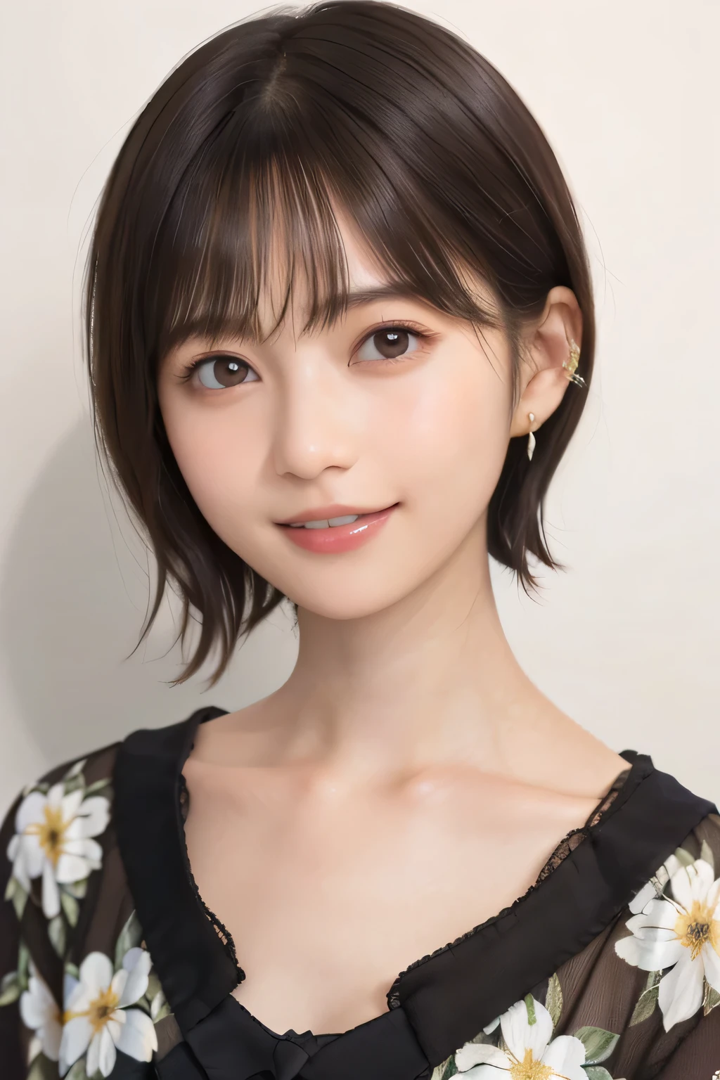 205 ((short hair)), 20 year old female, surrealism, Floral smile、Beautiful teeth alignment、Brown Hair首にネックレス、Ear piercing、Dark brown hair