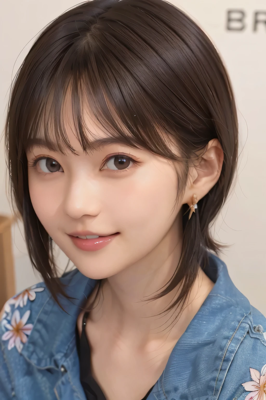 205  ((short hair)), 20 year old female, surrealism, Floral smile、Beautiful teeth alignment、Brown Hair首にネックレス、Ear piercing、Dark brown hair