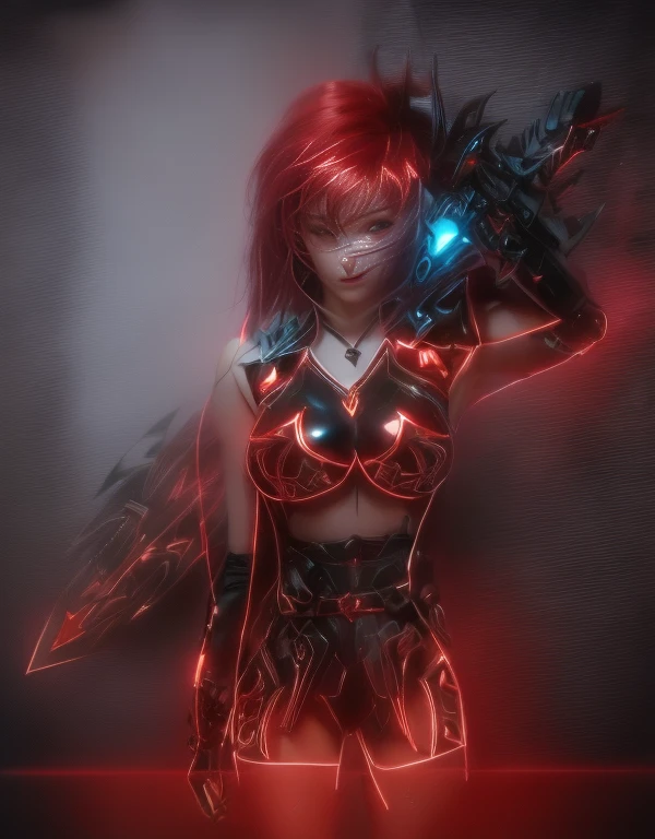 a ultra beautiful girl, with a (black techno fantasy armor) and a great sword in the back, cute, 12k, uhd, photorealistic, red decourations, (black short hairs), ((european race)), (ultra beautiful gorgeous realistic), naked belly and (naked arms), black armour, red decourations, red great sword, black hairs