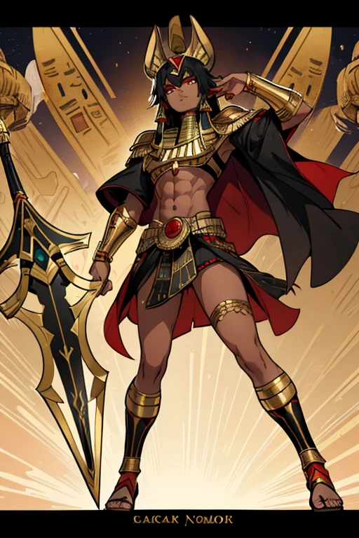 male, red eyes, dark skin, (((1boy))), (((gold Egyptian armor with black trim))), (black skirt with gold trim), (gold sandals), (gold Egyptian headdress), (black khopesh sword), muscular, long legs