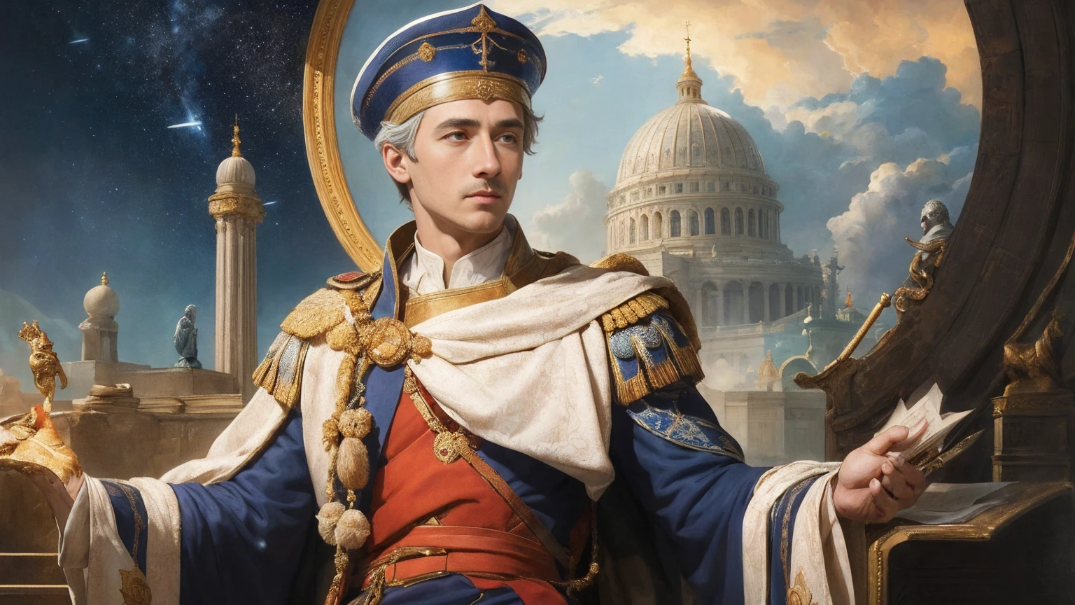 (masterpiece:1.4), (highest quality:1.4), (High resolution:1.4), (masterpiece, highest quality, High resolution:1.4), Future Roman Emperor Constantine I、Considered a leader with political astuteness and strategic insight。彼はEconomy and tradeの発展に重点を置き、Will pursue the prosperity of the galactic nation.。Also、彼はReligious Freedomを尊重し、People of different faiths々and will promote inter-ethnic coexistence.。 Constantine I was also a powerful military leader.、未来の彼は国家のSecurity guaranteesに重要な役割を果たすでしょう。He pursued a strategy that combined technological advances with military developments.、We will build modern defense systems to deal with future threats.。 Also、Constantine I recognized the importance of education.、It will focus on disseminating knowledge and promoting culture.。Through his reform of the education system and his encouragement of art and literature,、It will support the education and cultural growth of the people.。 All in all、The future Emperor Constantine I was a strong and ambitious leader.、Economy and trade、Religious Freedom、Security guarantees、We will pursue the development and prosperity of our galactic nation in many areas, including education.。masterpiece。top-quality。Super beautiful。The ultra -The high-definition。detaileds。exquisite。Character Settings。Concept Art。Digital Art。Full body portrait