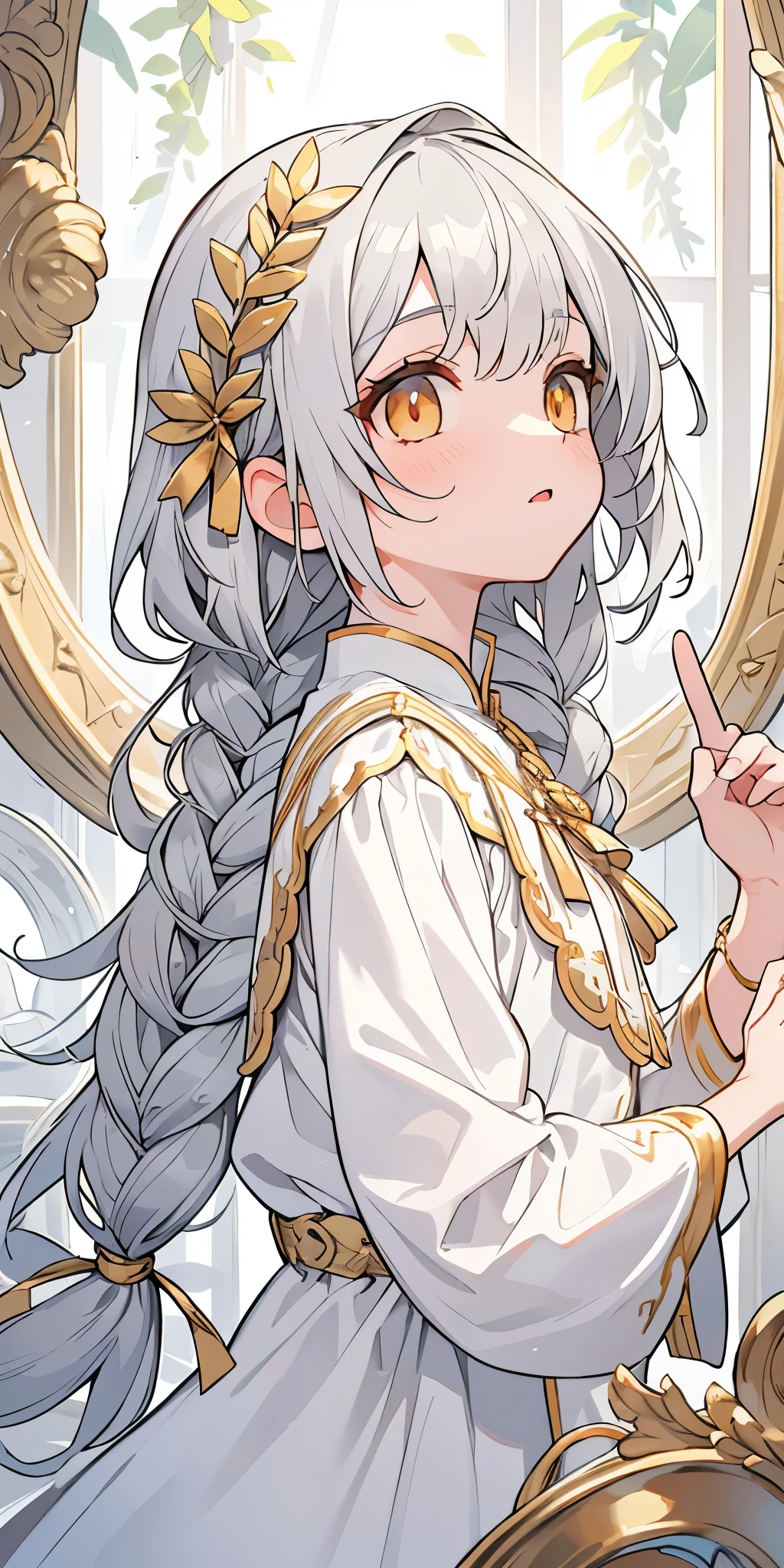 highest quality, masterpiece,Gray Hair, Golden Eyes,White clothes, look up, Upper Body,hair,Fair skin,Side braid