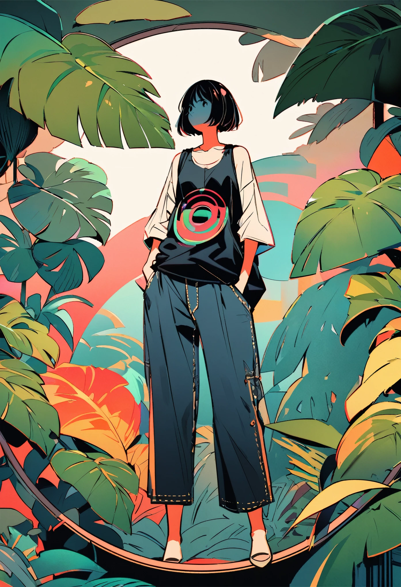 Create an illustration of a person standing in a relaxed posture. She is wearing a black tank top, denim shorts, and has her hands in her pockets. The background depicts tropical plants with large leaves, and the figure is placed in a circular frame that contrasts with the rough, paper-like texture of the background. The overall aesthetic is vibrant with colors, with detailed shading adding depth and texture to clothing and plants.