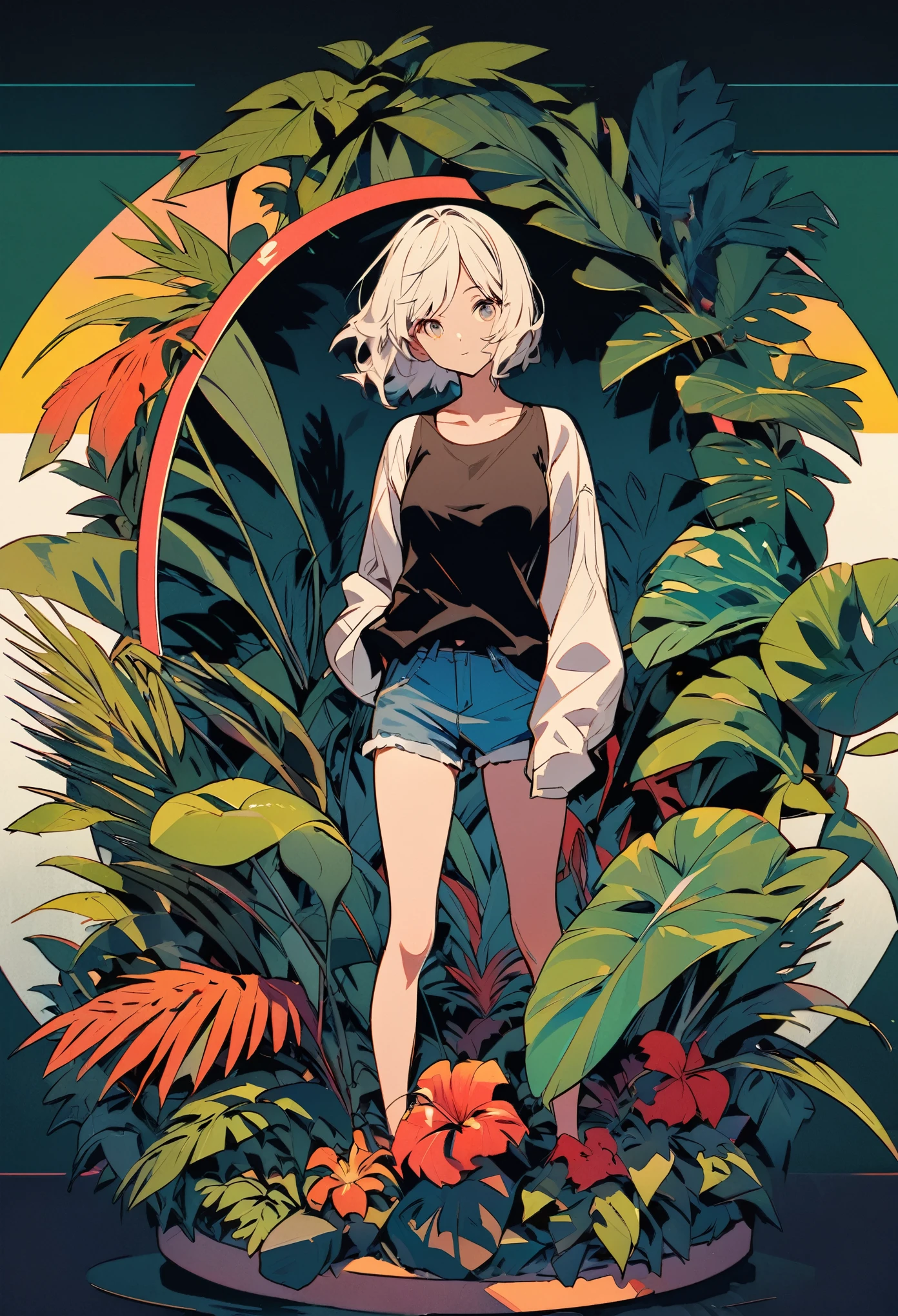 Create an illustration of a person standing in a relaxed posture. She is wearing a black tank top, denim shorts, and has her hands in her pockets. The background depicts tropical plants with large leaves, and the figure is placed in a circular frame that contrasts with the rough, paper-like texture of the background. The overall aesthetic is vibrant with colors, with detailed shading adding depth and texture to clothing and plants.