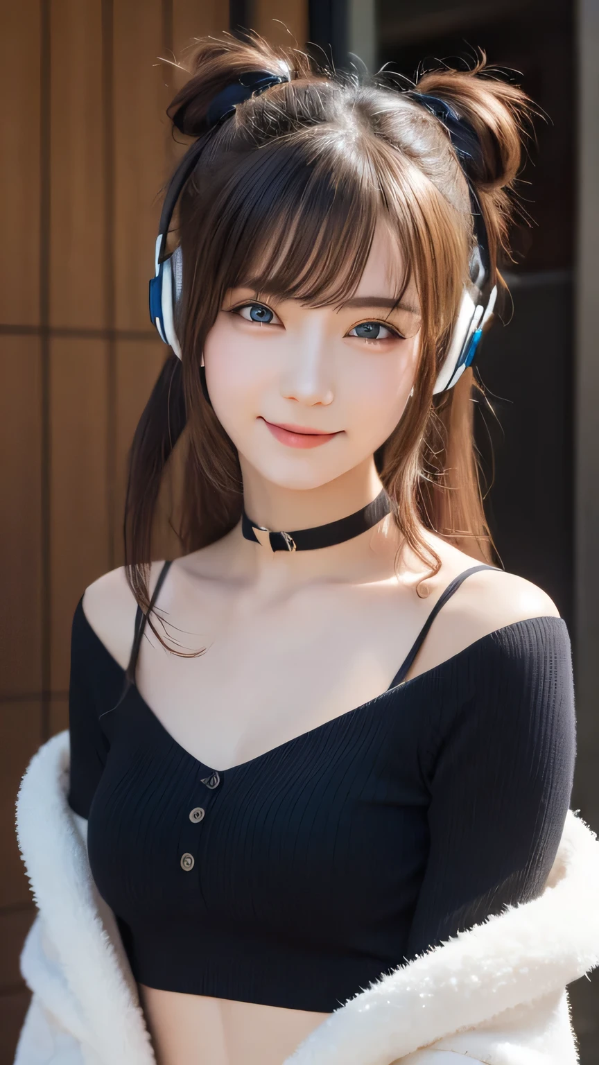 （（highest quality））， （（masterpiece））， （detailed：1.4）， Images of beautiful cyberpunk women，Headphones、Heart-shaped choker、,　Hmph（High Dynamic Range），Ray Tracing，NVIDIA，Super Resolution，Fantasy 5，Scattered beneath the surface，PBR Textures，postprocessed，Anisotropic Filtering，Depth of written boundary，Maximum resolution and crisp multi-layered textures，Albedo and Specular Maps，Surface Shading，Accurate simulation of material interactions，Perfect balance，Rendering with Octane，Two-color light，Large Diameter，Low ISO，White balance，Rule 3 points、8K raw data、Beautiful bright red eyes，Off-the-shoulder clothing，Great students，Delicate face and eyes，Long eyelashes，Blush Lash，Delicate and fluffy hair，Pink twin tails with light blue gradation，lip，Pure，Cute Face，pretty girl，Artistic Sense，Casual wear，Advanced Senses、,　Beautiful hair accessories，Long hair and waist，Hair blowing in the wind，big eyes , huge shy smile 