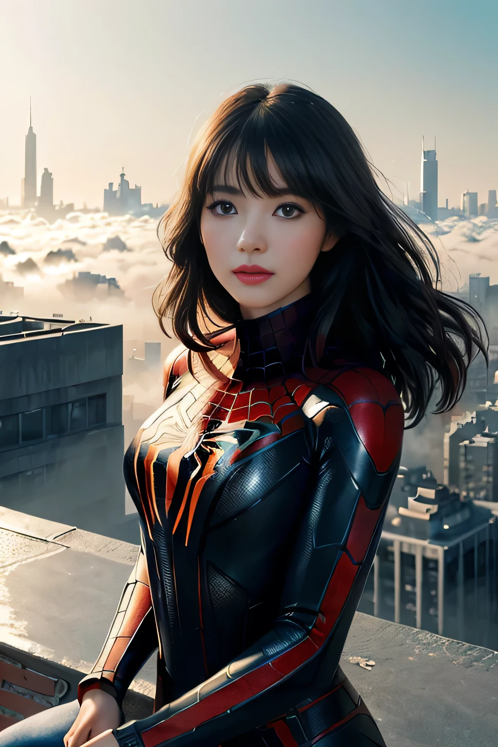 (1girl:1.3), Solo, (((Very detailed face)))), ((Very detailed eyes and face)))), Beautiful detail eyes, Body parts__, Official art, Unified 8k wallpaper, Super detailed, beautiful and beautiful, beautiful, masterpiece, best quality, original, masterpiece, super fine photo, best quality, super high resolution, realistic realism, sunlight, full body portrait, amazing beauty, dynamic pose, delicate face, vibrant eyes, (from the front), She wears Spider-Man suit, red and black color scheme, spider, very detailed city roof background, rooftop, overlooking the city, detailed face, detailed complex busy background, messy, gorgeous, milky white, highly detailed skin, realistic skin details, visible pores, clear focus, volumetric fog, 8k uhd, DSLR, high quality, film grain, fair skin, photo realism, lomography, futuristic dystopian megalopolis, translucent