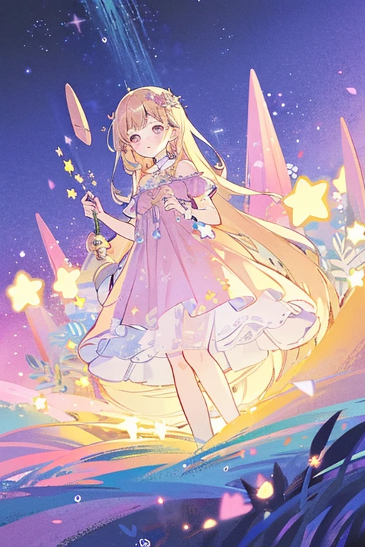 complex background, wishing star background, a woman wearing an ethereal mystical pink translucent dress that reflects the stars, perfume promo art, mystic, complex drawing, highly detailed, Covergirl brand, promo art, artistic rendition, ethereal, starry night, midjourney style