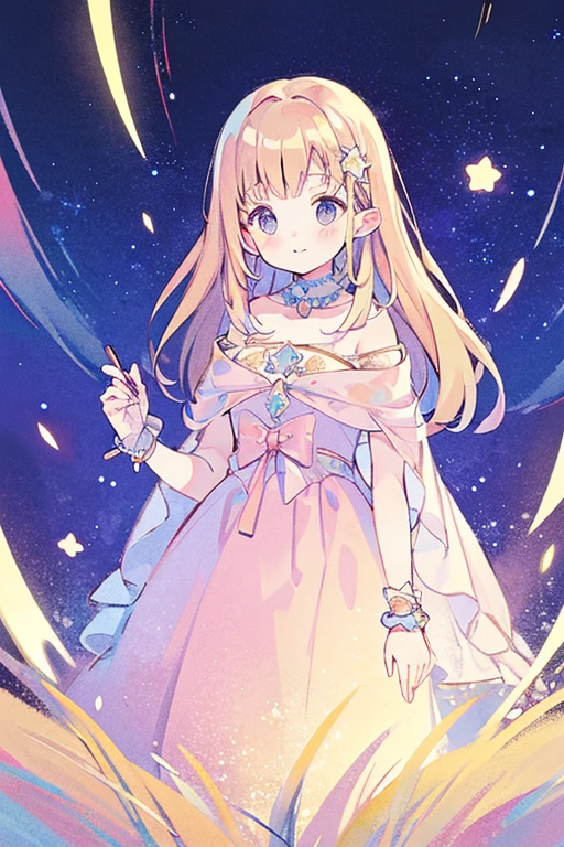 complex background, wishing star background, a woman wearing an ethereal mystical pink translucent dress that reflects the stars, perfume promo art, mystic, complex drawing, highly detailed, Covergirl brand, promo art, artistic rendition, ethereal, starry night, midjourney style