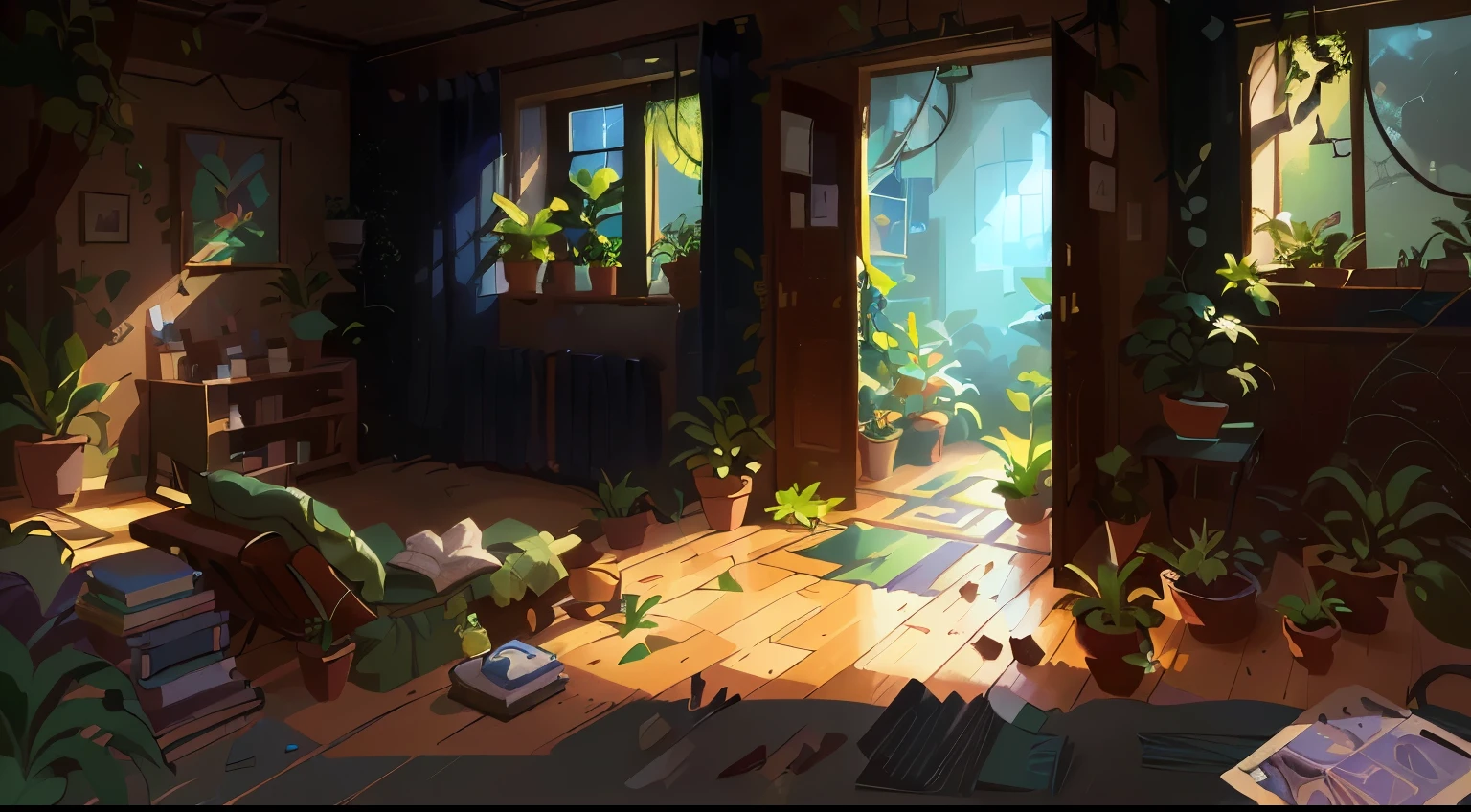 there is a room with a lot of plants and a window, relaxing concept art, stylized concept art, interior background art, anime background art, environment painting, anime scenery concept art, digital painting concept art, 3 d stylize scene, painted as a game concept art, environment design illustration, childrens art in artstation, concept art scene, studio ghibli sunlight