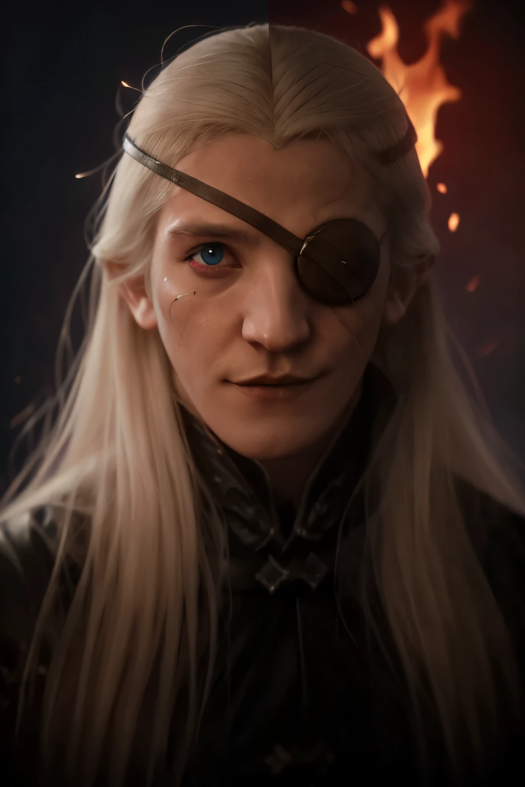 (masterpiece, best quality:1.2),  solo, (((Cinematic heavy metal poster))) of Aemond Targaryen, (((Wearing a black eye patch over his left eye))), side angle, Gothic style,  (a detailed RAW photo of a ), (master part:1.0), (best quality:1.4), (Ultra Highres:1.2), (photorealistic:1.4), 8K resolution, Canon EOS R5, 50 millimeters, Absurd, Ultra Detailed, sharp focus, Cinematic lighting, detailed face,  (ULZZANG-6500-V1.1), detailed skin texture, pale skin, chest round, (pale :0.5), Cinematic lighting. (((Abstract flames background, cinematic lighting )))