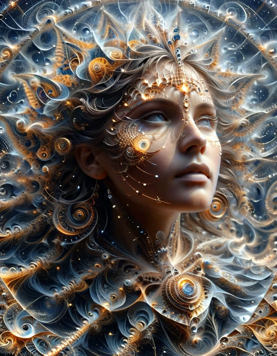 Un ciel étoilé où les constellations sont des Mathematical Equations réalistes qui prennent vie, their tendrils reach through the darkness, nombre Pi, fractals and complex geometric structures,  (une femme 35 ans, femme debout, corps sublime, poitrine push-up, perfect and detailed eyes, pupilles parfaites, corps entier, full-length, dressed in fractals and complex geometric structures ), ((Mathematical Equations))