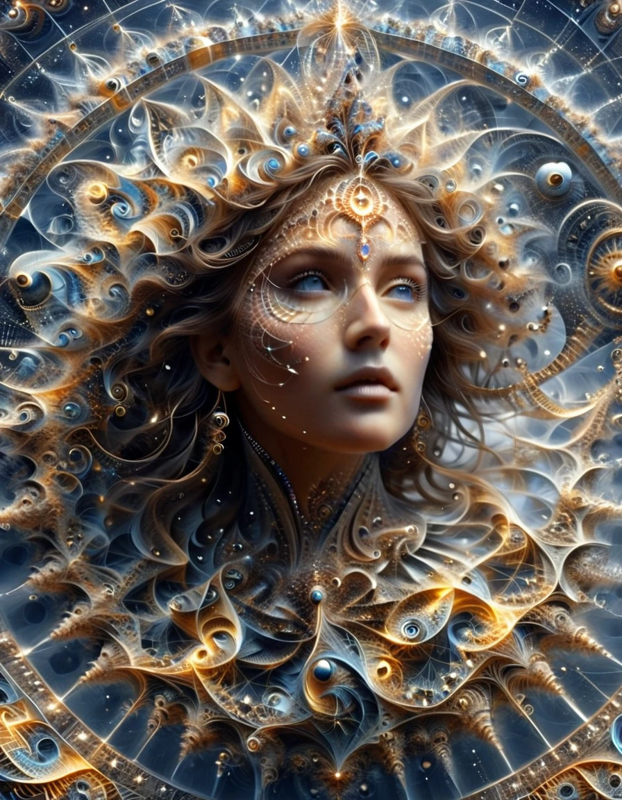 Un ciel étoilé où les constellations sont des Mathematical Equations réalistes qui prennent vie, their tendrils reach through the darkness, nombre Pi, fractals and complex geometric structures,  (une femme 35 ans, femme debout, corps sublime, poitrine push-up, perfect and detailed eyes, pupilles parfaites, corps entier, full-length, dressed in fractals and complex geometric structures ), ((Mathematical Equations))
