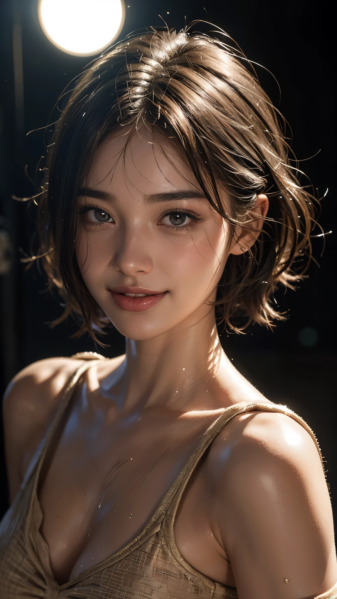 Realistic, Surreal, Cinema Lighting, 32k, 1 girl, look up, Backlight, (Bright light:1.2), (Improvement of quality:1.4), (Highest quality realistic textured skin:1.4), fine grain, Detailed face, short hair, ,Cowgirl,From below,Sweat,Wet, (Enhances the beauty of skin texture:1.3), Matte texture, blush, Sweat, Open your mouth, Rolling your eyes, tears, Sticking out tongue, saliva, saliva trail, Lips parted, Captivating smile