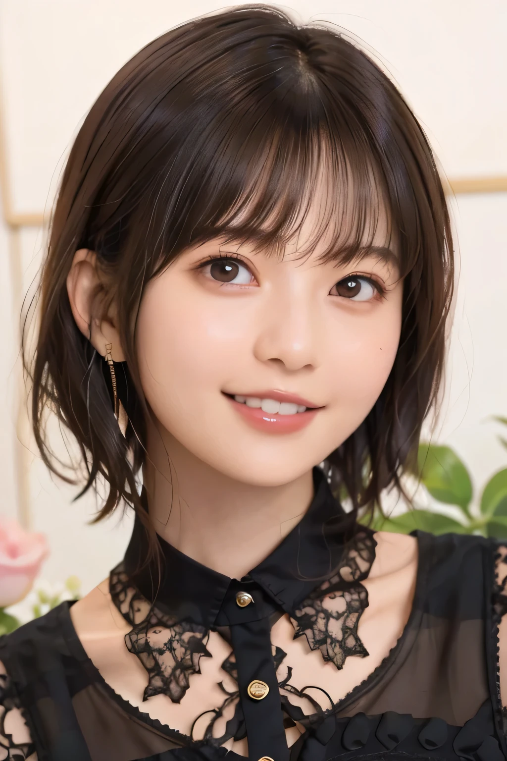205 ((short hair)), 20 year old female, surrealism, Floral smile、Beautiful teeth alignment、Brown Hair首にネックレス、Ear piercing、Dark brown hair