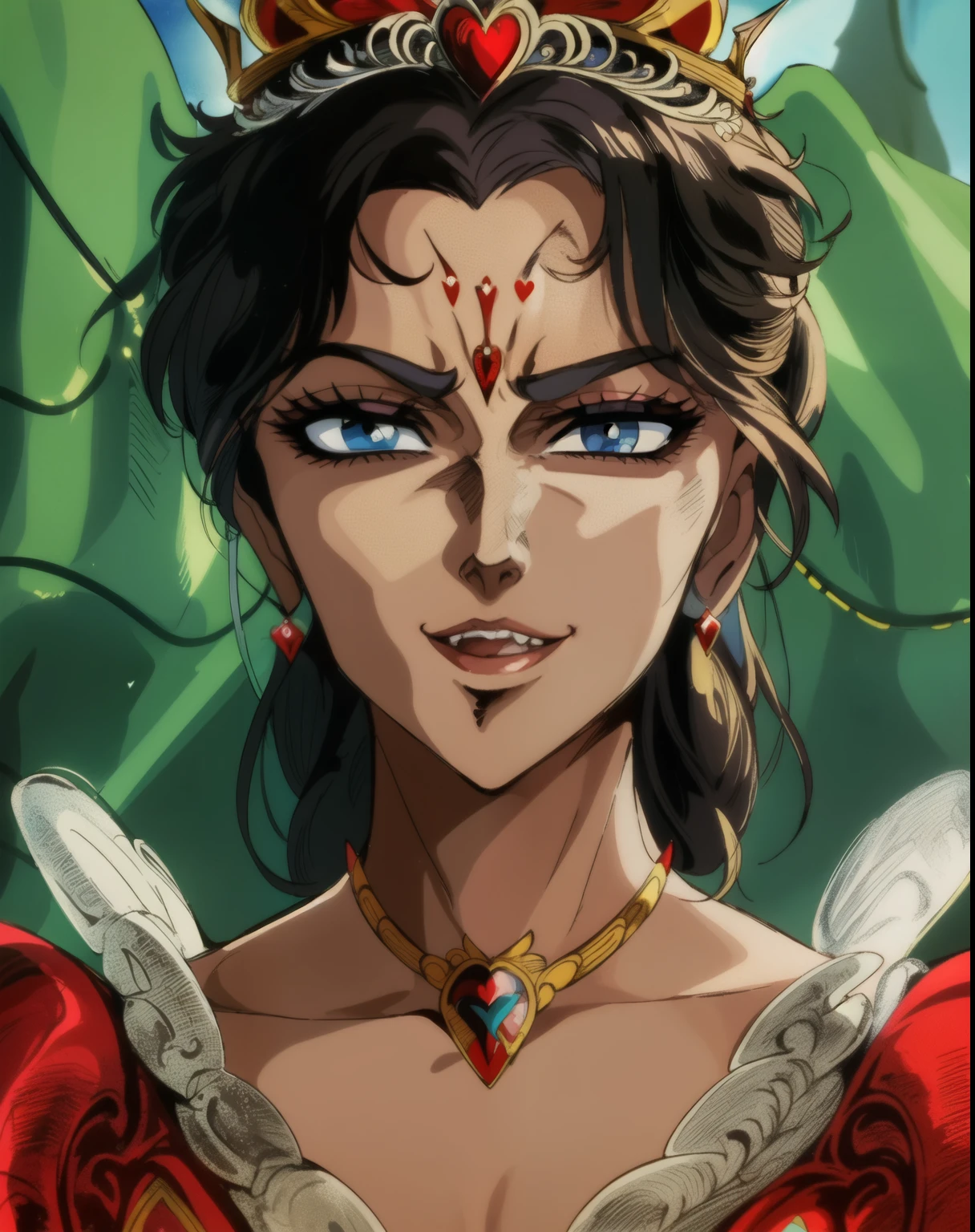 a queen of hearts is standing with a crown,cartoon, in the style of oliver wetter, cartoony characters, tanya shatseva, close up, personal iconography, evil smile