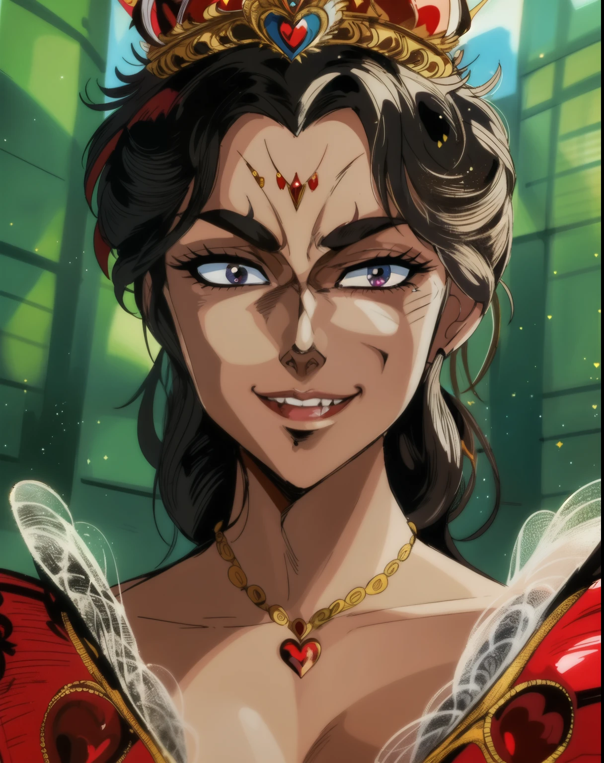 a queen of hearts is standing with a crown,cartoon, in the style of oliver wetter, cartoony characters, tanya shatseva, close up, personal iconography, evil smile
