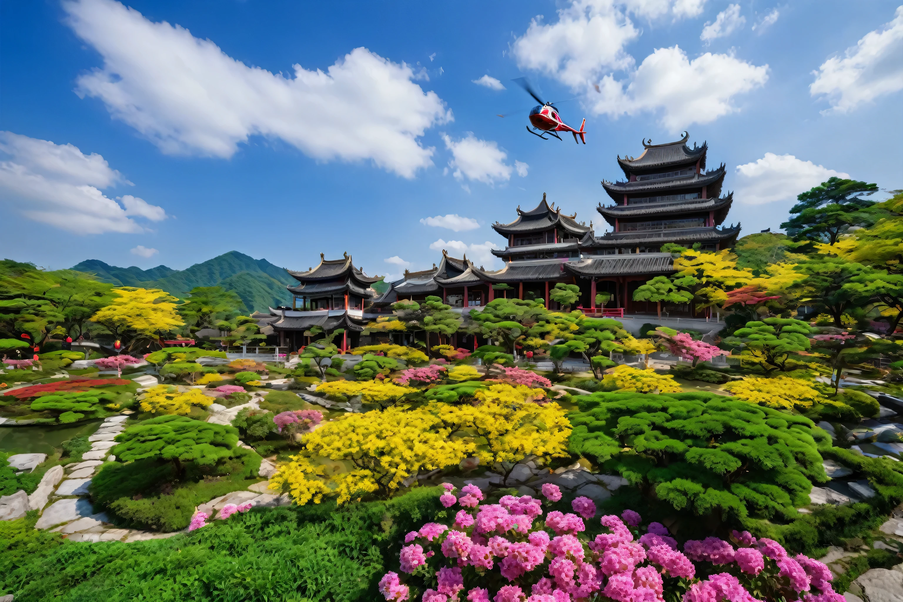 Tourists walk in the garden and the flowers on the roadside, 、Colorful environment, landscape, Flowers and Fall, landscape, City park full of flowers, Beautiful garden background, Garden with flowers, The beautiful ancient garden behind, old Chinese building, Garden with flowers background, Beautiful scenery, garden, Blue sky and white clouds,Helicopter,Fall,stream,Tourists are colorful,in an endless stream,Travel season。RAW,UHD,8k,Detailed Details,Best quality,Perfect color matching,Sense of atmosphere,Masterpieces shot by international photography masters,National Geographic Photography Award Winners