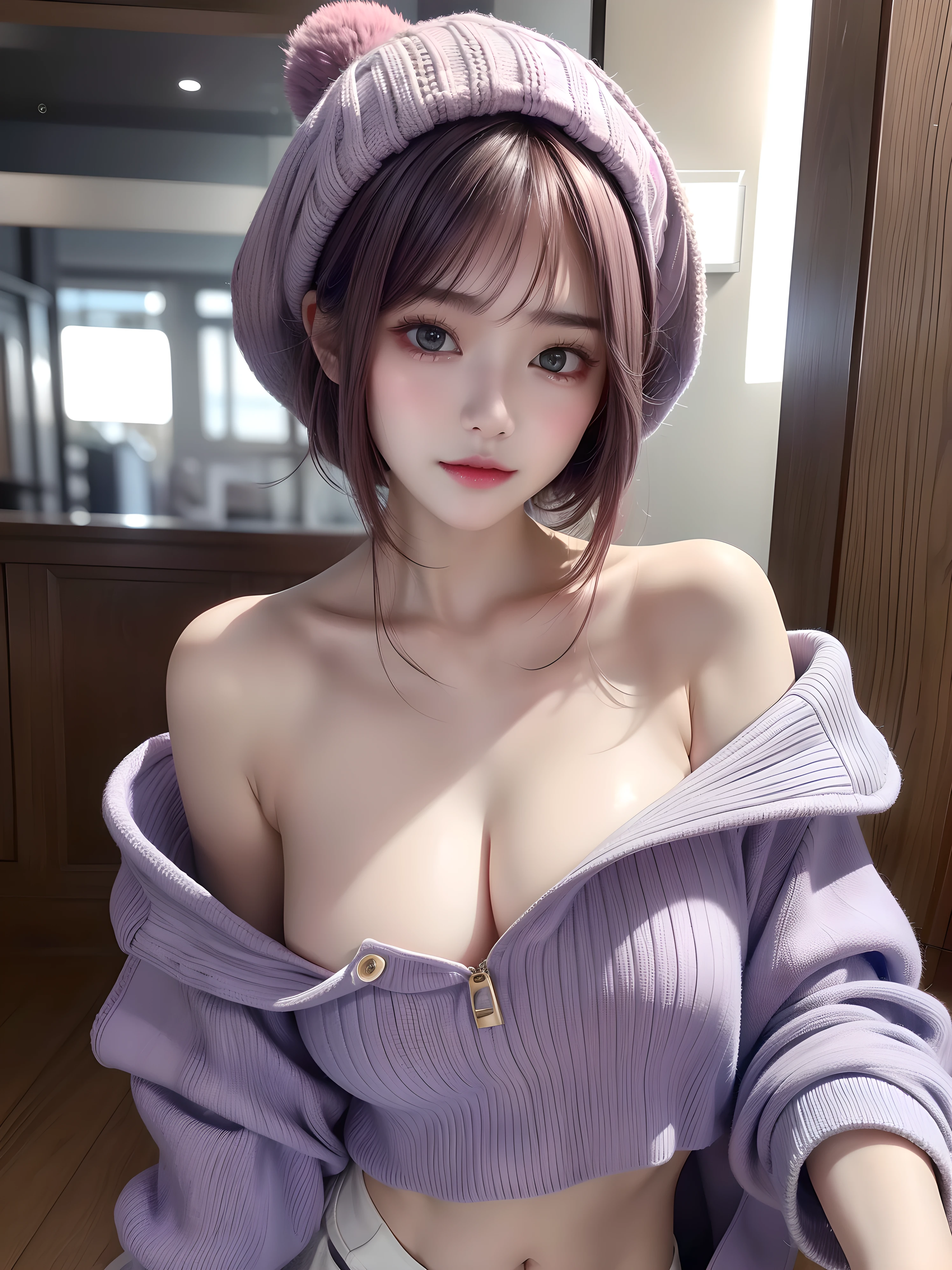 (masuter piece:1.3)、(8K、Photorealsitic、Raw photography、top-quality: 1.4)、(1girl in)、beautiful countenance、(Live-action photography)、(are visible)、(Ash-purple two-tone hair、short-hair:1.3)、(Busty Boobs)、Hoodie without front closure、((sexy revealing clothes))、Beanie、Wearing a knitted cute pom-pom hat、(Display hats on the screen)、realisticeyes、Beautiful details、(real looking skin)、Beautiful skins、absurderes、enticing、 high resolution、A hyper-realistic、high-detail、the golden ratio