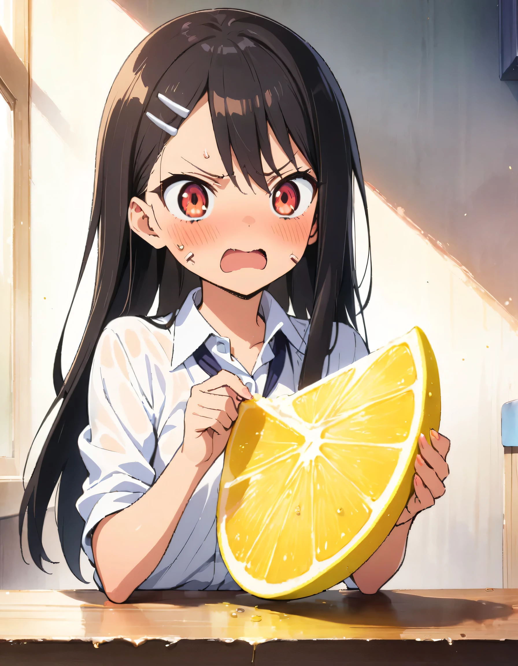 1 girl,Hayase Nagatoro,((Holding a slice of lemon)),(Painful expression,Glare,Munch),collared white shirt,cute,Anime illustration,Anatomically correct,,high quality,masterpiece,,Anatomically correct,最high quality, Great quality, 16k, Unbelievably absurd,Watercolor skin,Very detailed,