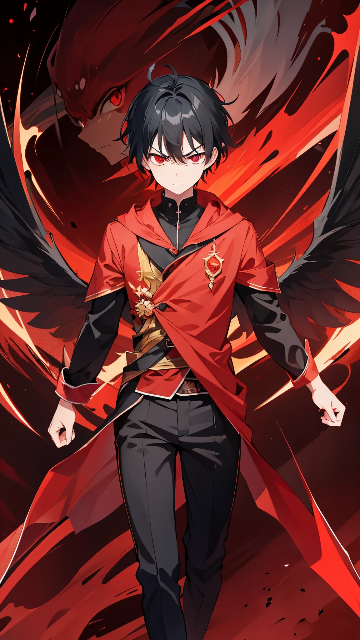 1boy, black hair, red eyes, red visual aura, angry face, epic background, all body zoom, looking at camera.