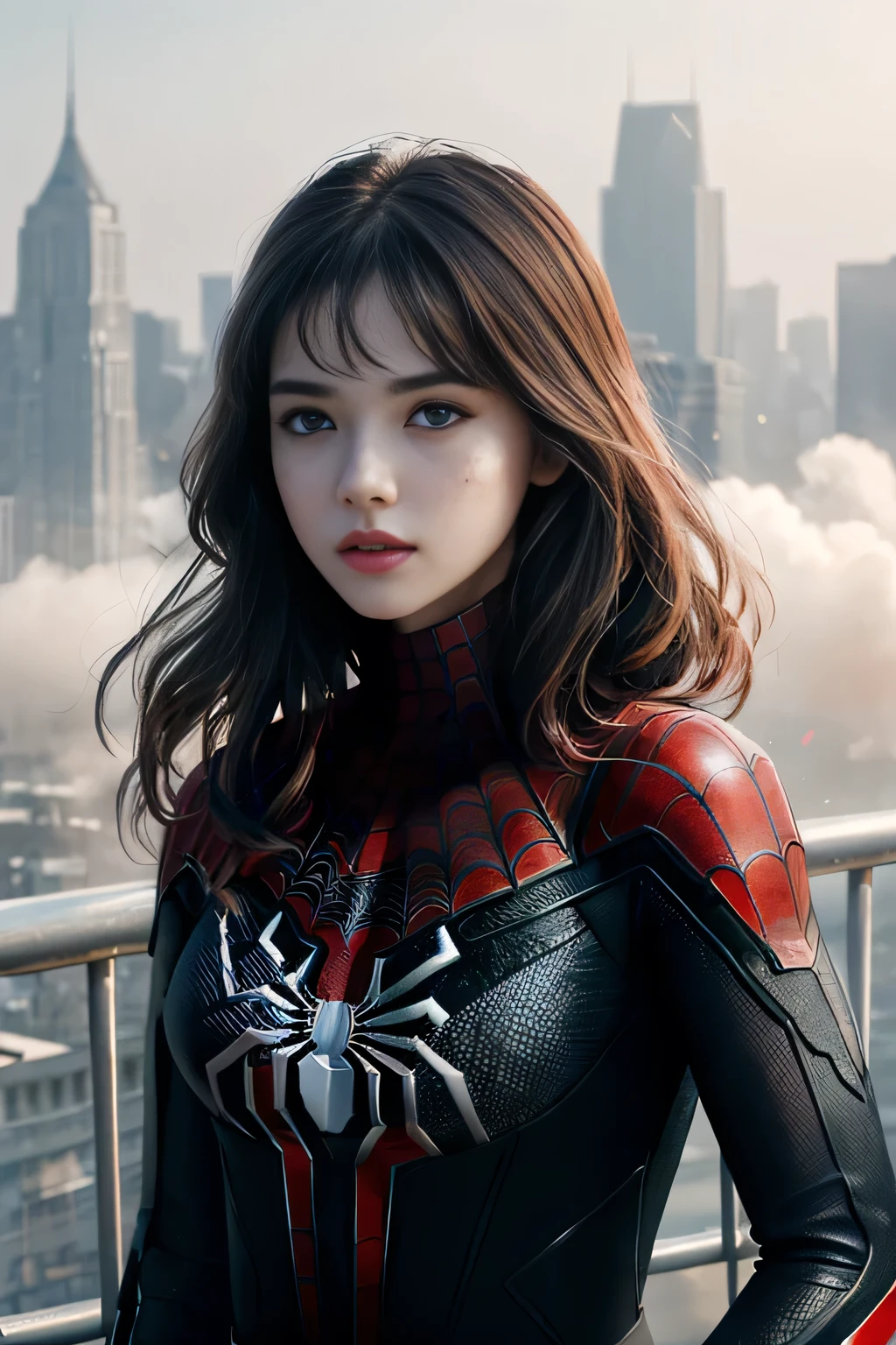 (1girl:1.3), Solo, (((Very detailed face)))), ((Very detailed eyes and face)))), Beautiful detail eyes, Body parts__, Official art, Unified 8k wallpaper, Super detailed, beautiful and beautiful, beautiful, masterpiece, best quality, original, masterpiece, super fine photo, best quality, super high resolution, realistic realism, sunlight, full body portrait, amazing beauty, dynamic pose, delicate face, vibrant eyes, (from the front), She wears Spider-Man suit, red and black color scheme, spider, very detailed city roof background, rooftop, overlooking the city, detailed face, detailed complex busy background, messy, gorgeous, milky white, highly detailed skin, realistic skin details, visible pores, clear focus, volumetric fog, 8k uhd, DSLR, high quality, film grain, fair skin, photo realism, lomography, futuristic dystopian megalopolis, translucent