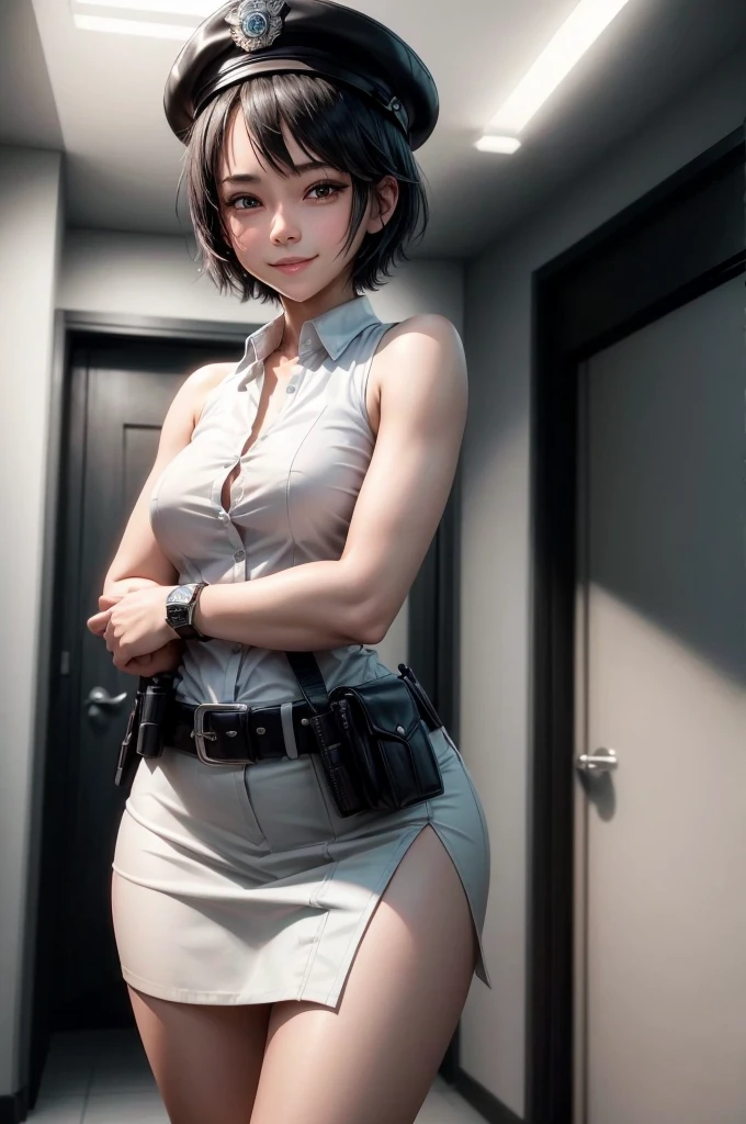 1 girl, ((alone:1.8)),Black Short Hair,Police uniform,belt,((watch:1.2)), White sleeveless collared shirt,（White ultra mini skirt:1.8）,Police hat, Blushing:1.2, Perfect light, 8k, masterpiece:1.2, Very detailed, Realistic:1.37, Full HD, Police station hallway,indoor,(Front shot:1.3),(Are standing),((smile:1.2))