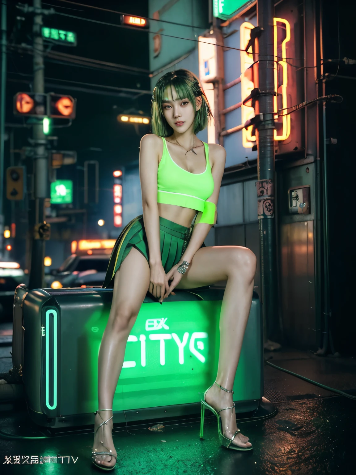 (((cyberpunk world))), (masterpiece, of the highest quality, Best Quality, Official art, Beautiful and aesthetic:1.2), (1 girl:1.4), 16 years old, super short cut hair, (green hair:1.4), (highly detailed:1.3), (Colorful:1.5), (mechanical modification:1.3), (high school girl:1.3), white skin, (Fox eyes:1.2), Japanese girl, (neon background:1.4), (neon city:1.75), night, large breasts, (high school uniform:1.5), Glossy lips, Glamorous figure, pleated skirt, tank top, Beautiful collarbone, beautiful thigh, Beautiful legs, barefoot, high-heels, makeup, (cyberpunk:1.4), (looking at viewer:1.3), colossal tits, Detailed skin texture, Detailed cloth texture, smile, open mouth, Beautiful detailed face, Intricate details, Ultra detailed