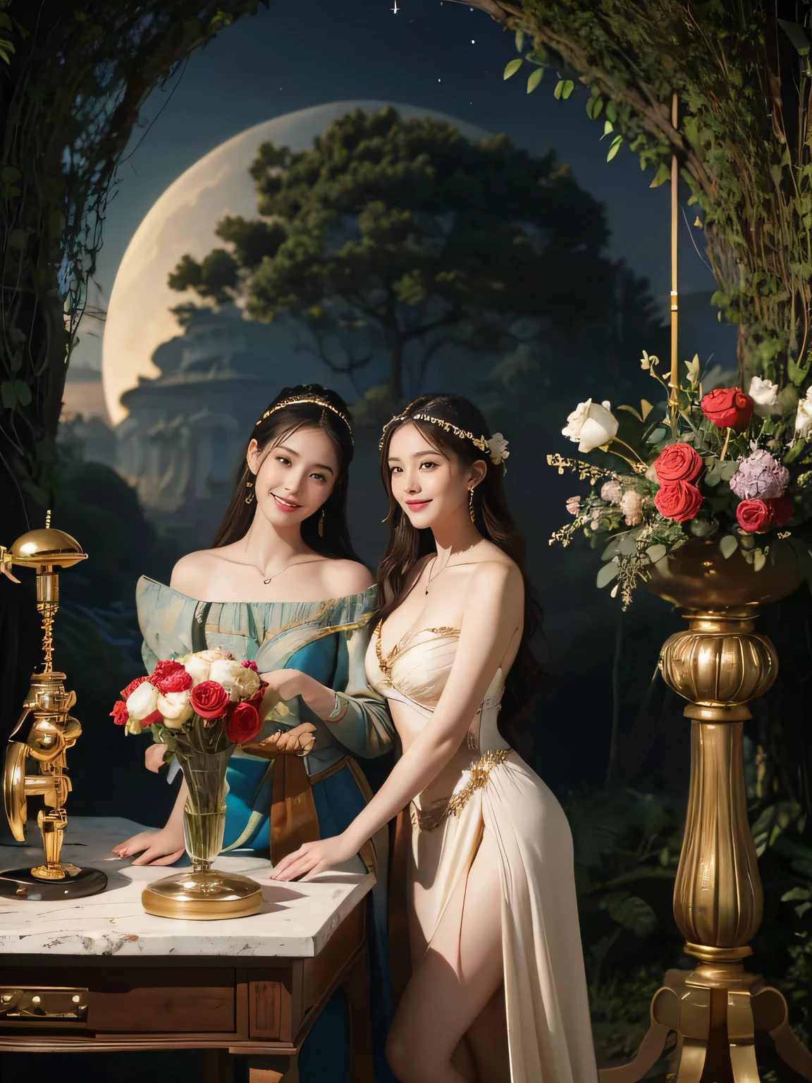 Giorgione painting style,Arguments of two female Philosophe,math、astronomical machine、astronaut、roses in vase、fruits、Cute trinkets、smile、ancient greek costume、Background is a forest lake at night 、Clothes that stretch your shoulders、A big smile、beautiful bare skin、A detailed representation of the seducing woman throughout her body.